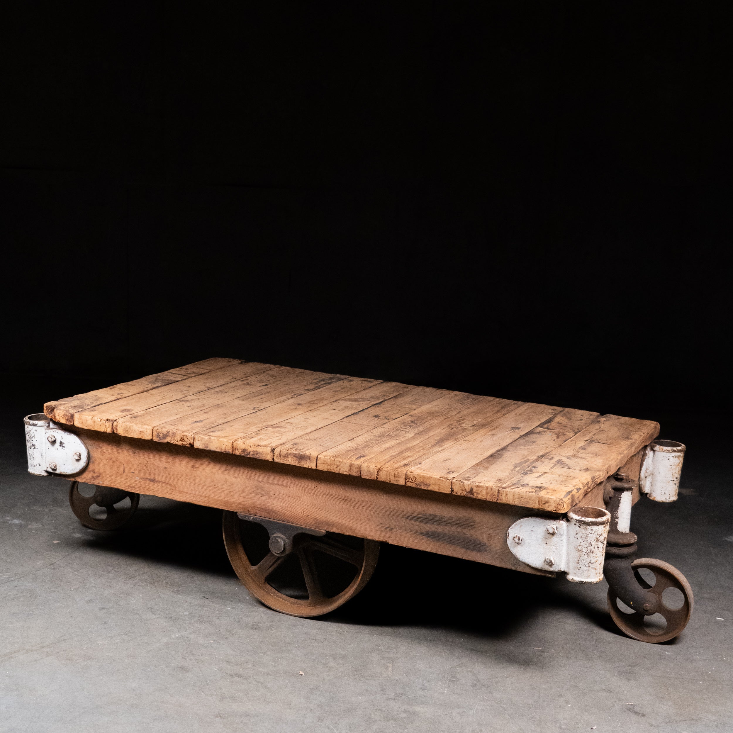 Early 20th Century Industrial Factory Cart Coffee Table – Cast Iron Wheels c.1910