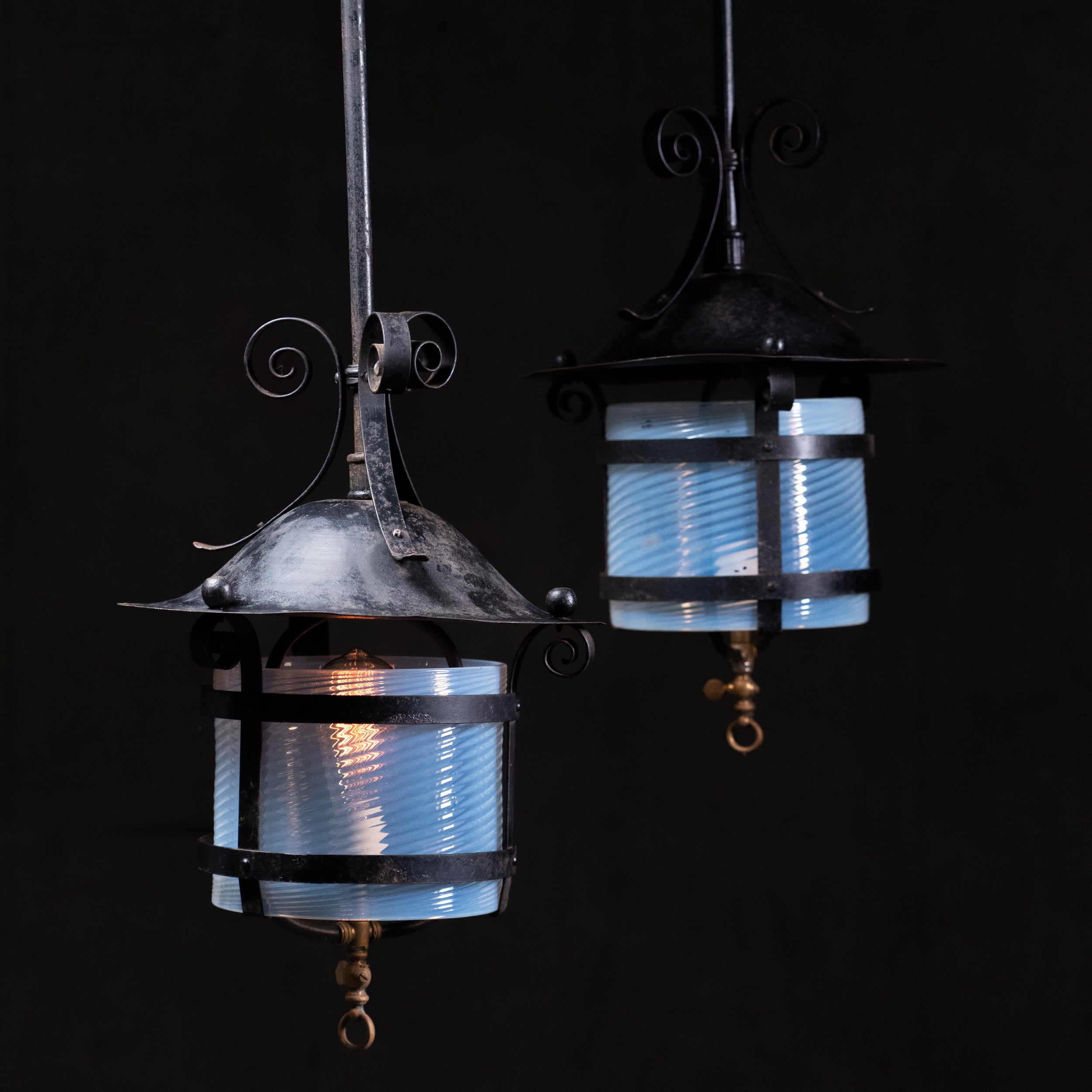 Pair Early 20th Century Industrial Arts & Crafts Iron Lantern Pendants with Ribbed Opaline Glass c.1900