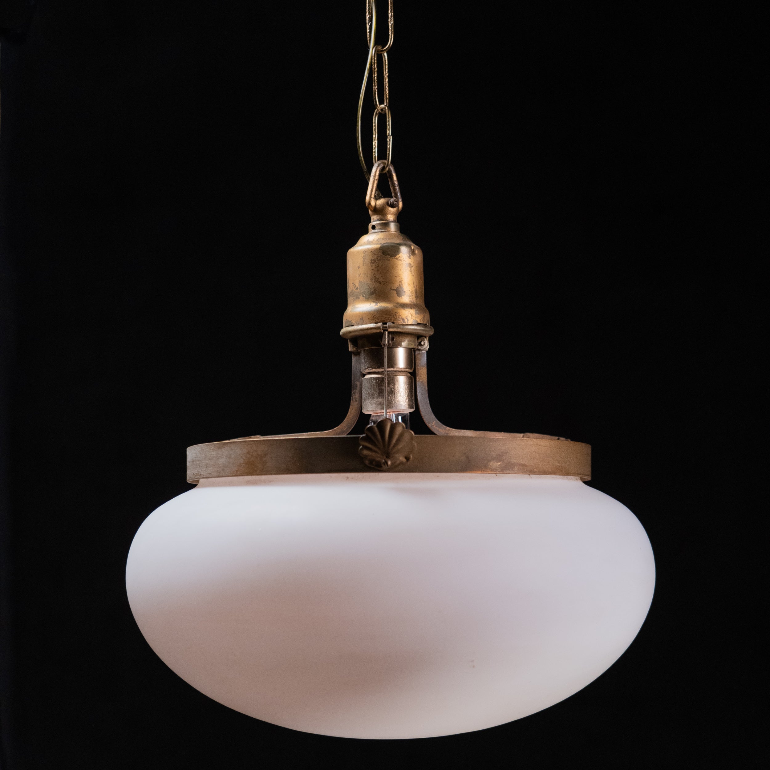 Vintage Brass Pendant Light 15” Milk Glass Opaline Shade Industrial Hanging Fixture
