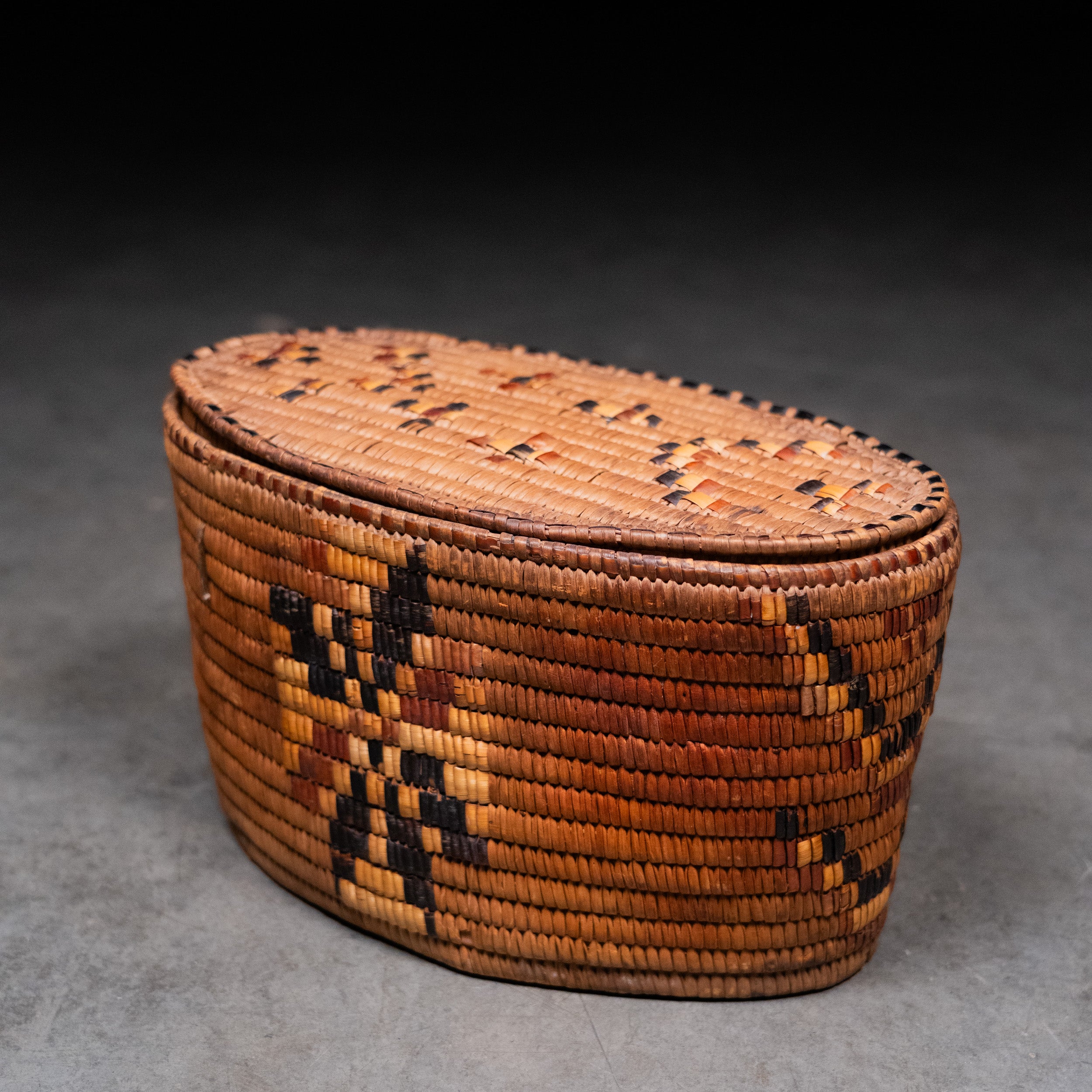 Antique Northwest Coast Indigenous cedar root lidded basket with geometric woven decoration Scott Landon 