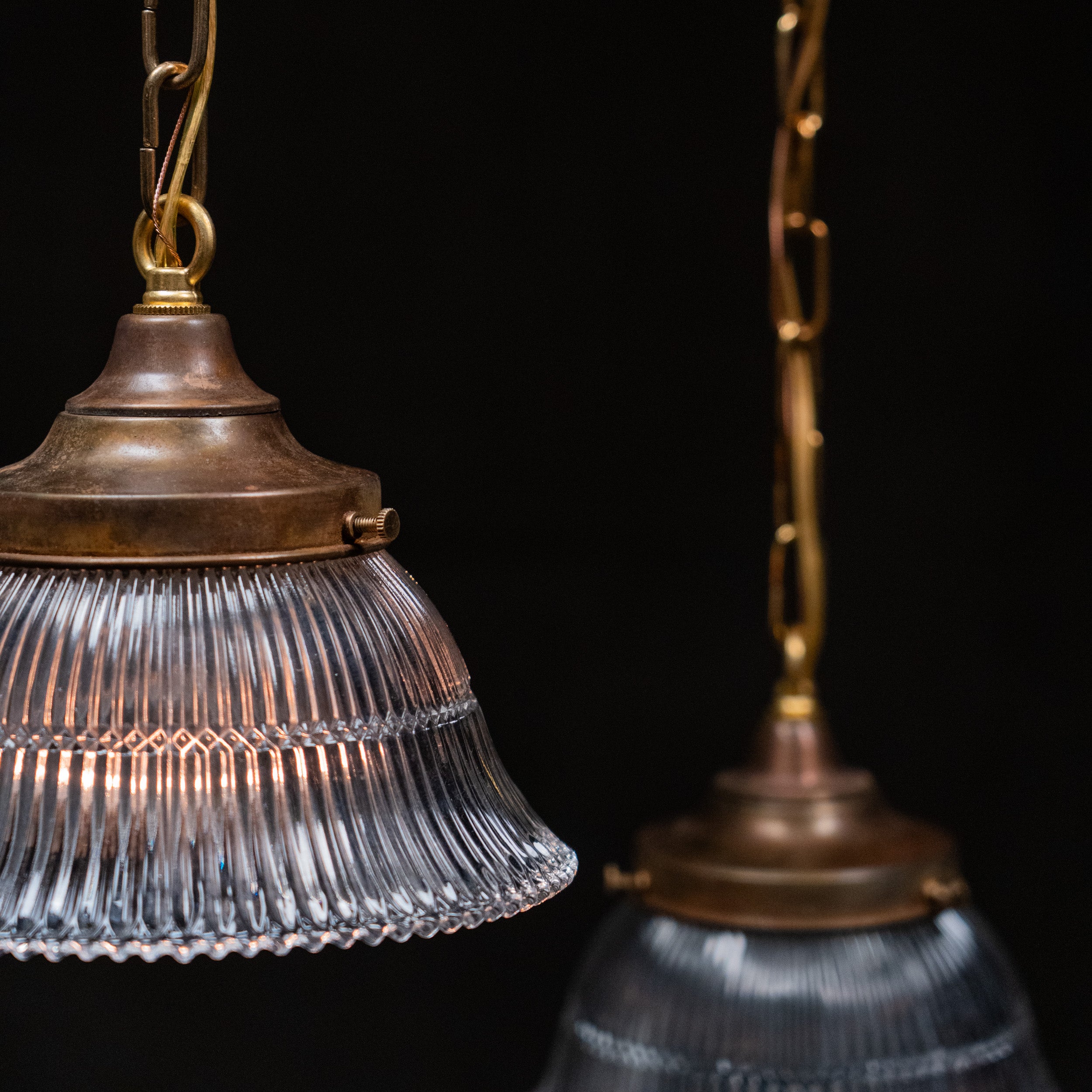 holophane style pendants | Scott Landon Antiques and Interiors.