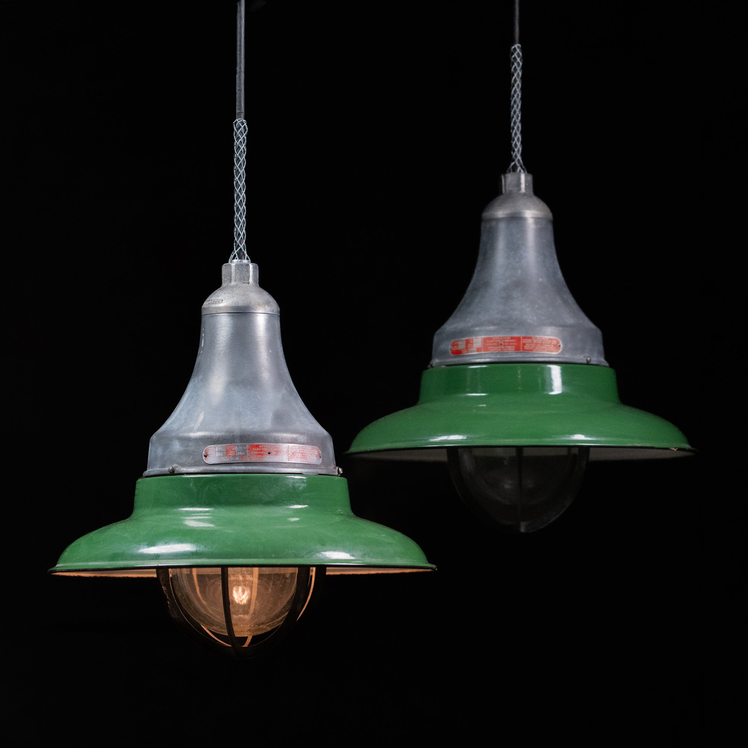 industrial green enamel pendants | Scott Landon Antiques and Interiors.