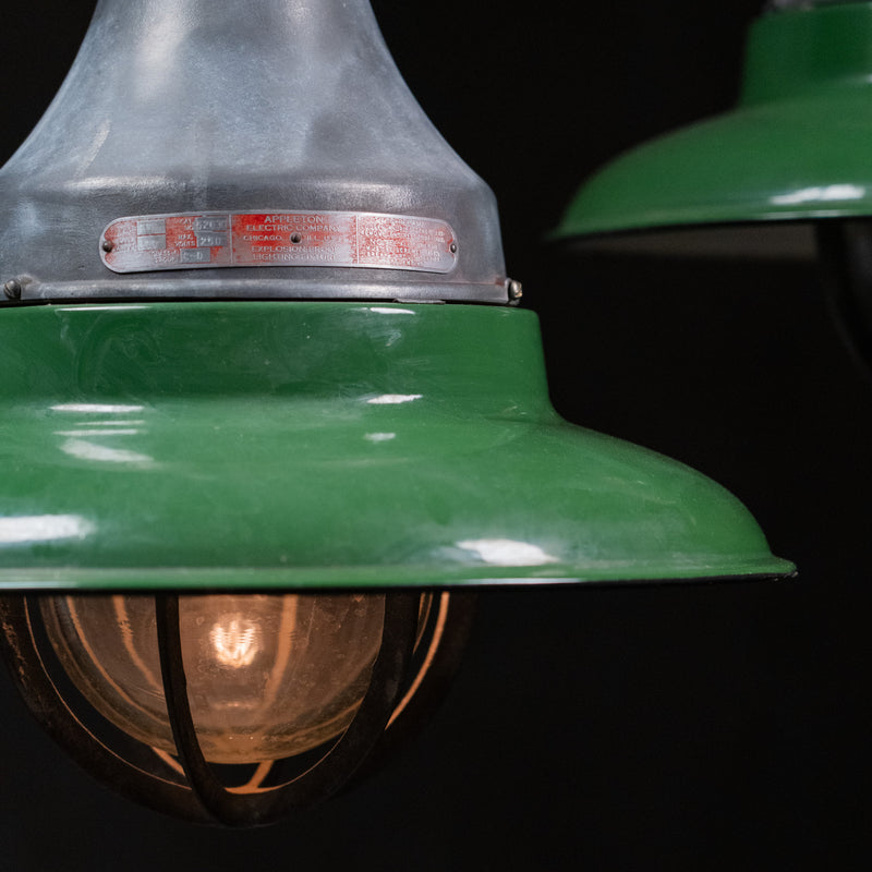industrial green enamel pendants | Scott Landon Antiques and Interiors.