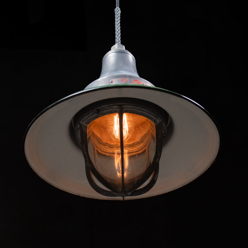 industrial green enamel pendants | Scott Landon Antiques and Interiors.