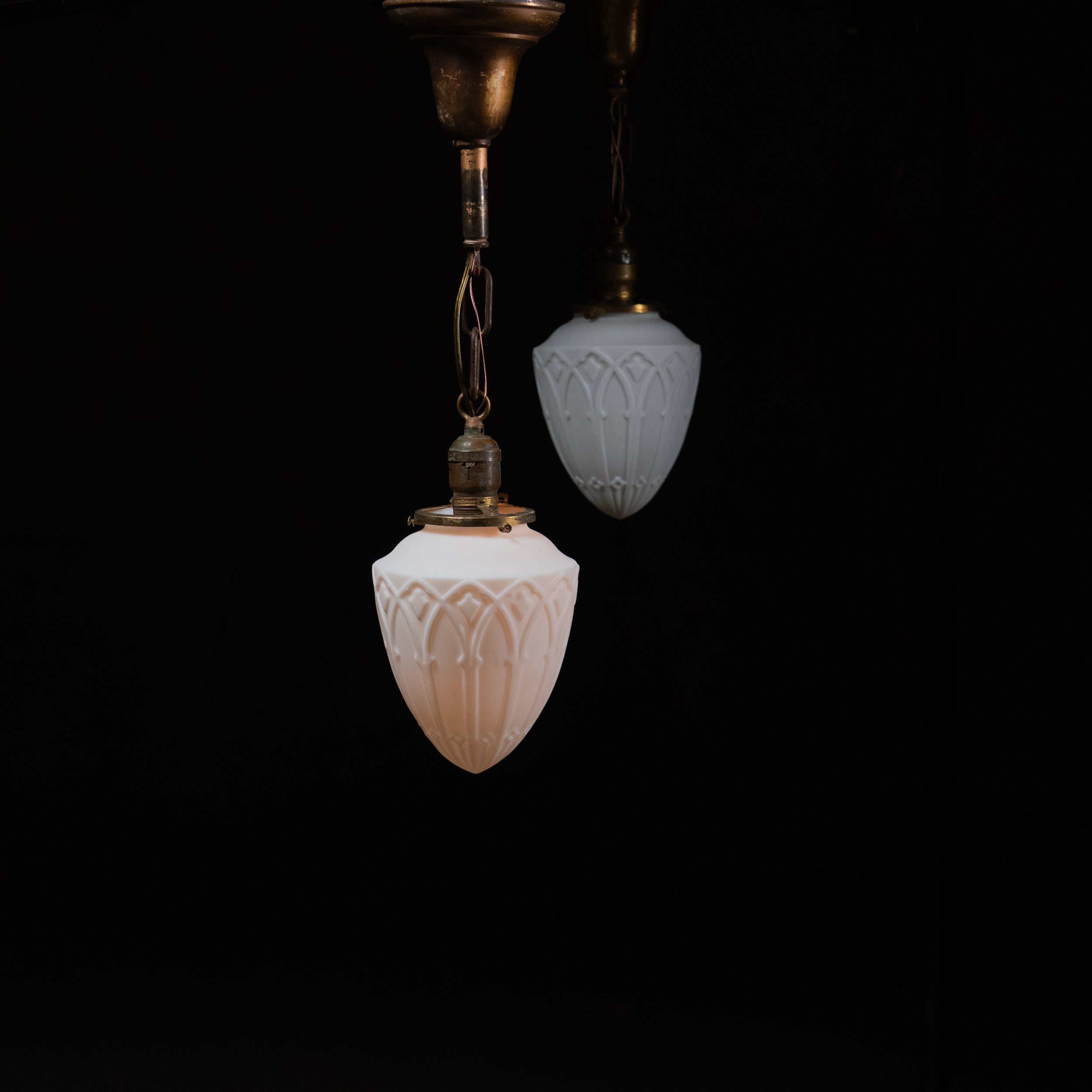 1920 Pair of Acorn Milk Glass Brass Pendants