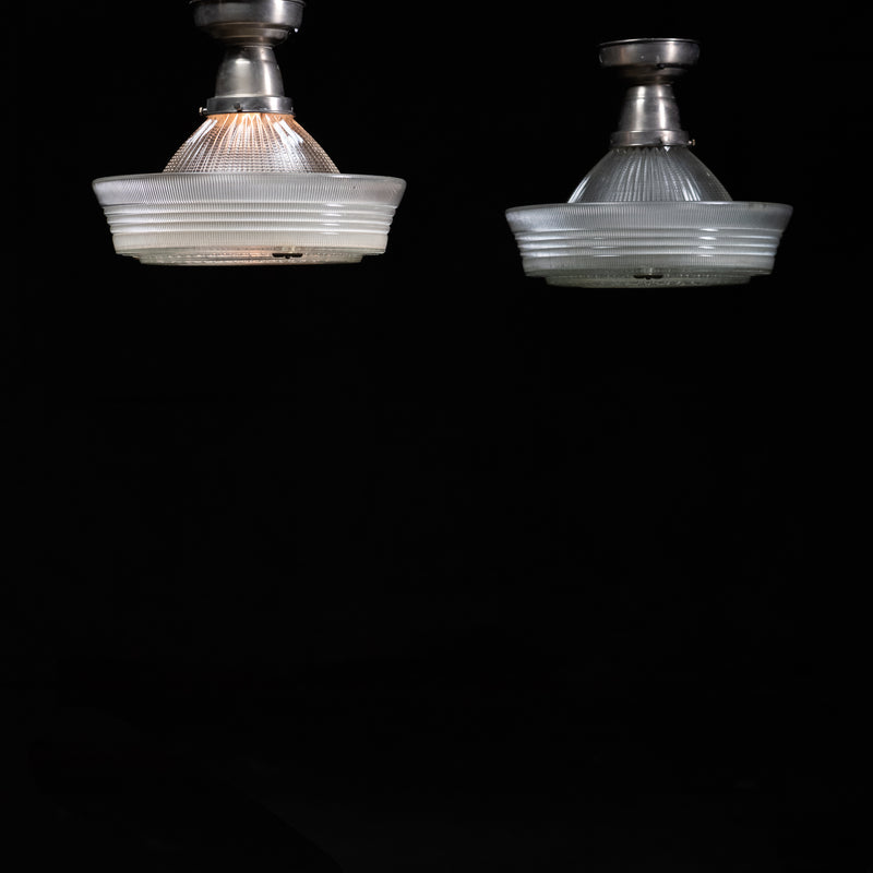 Antique Holophane industrial pendant light with prismatic glass shade and original factory fittings.