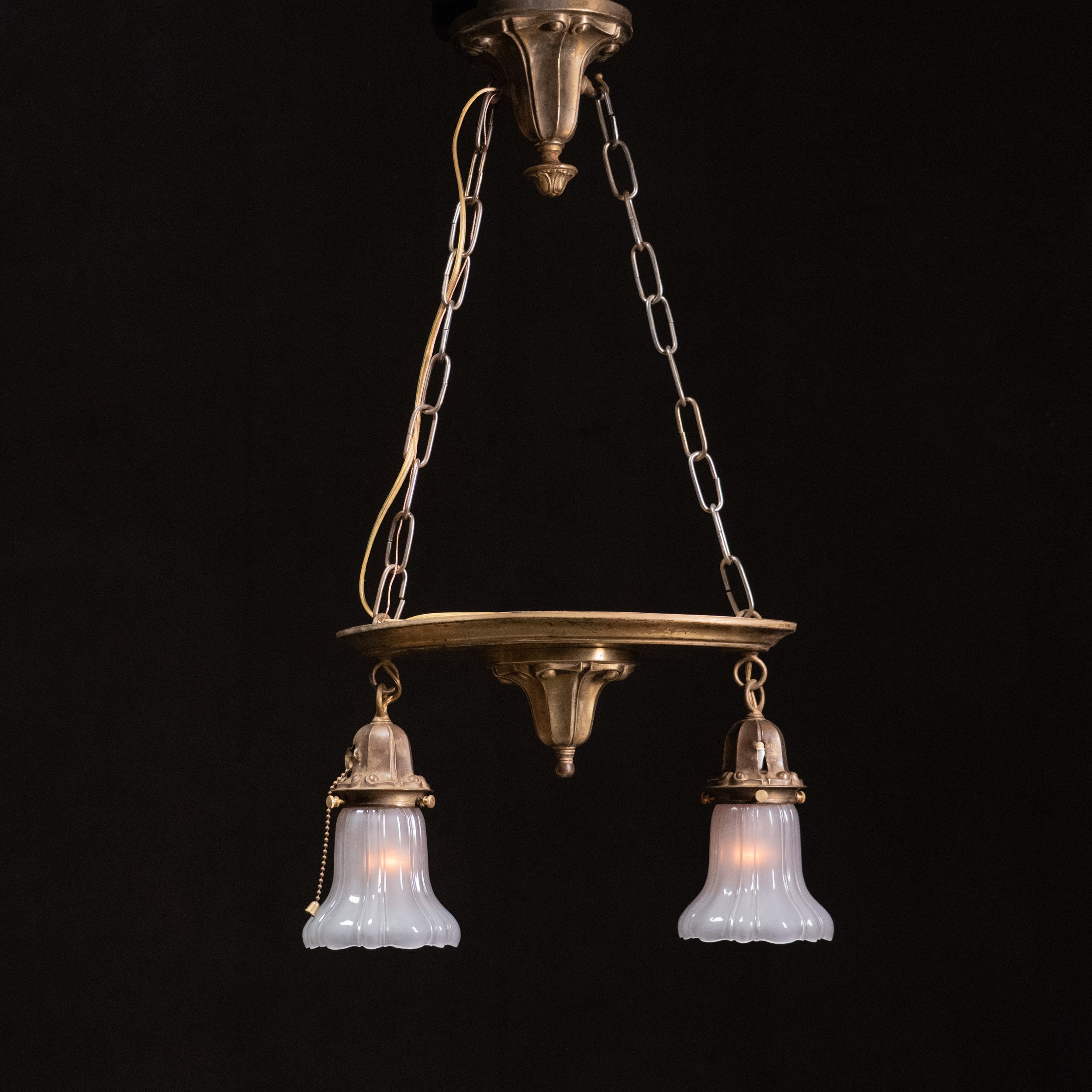 1920 Brass Double Head Ceiling Mount Chandelier