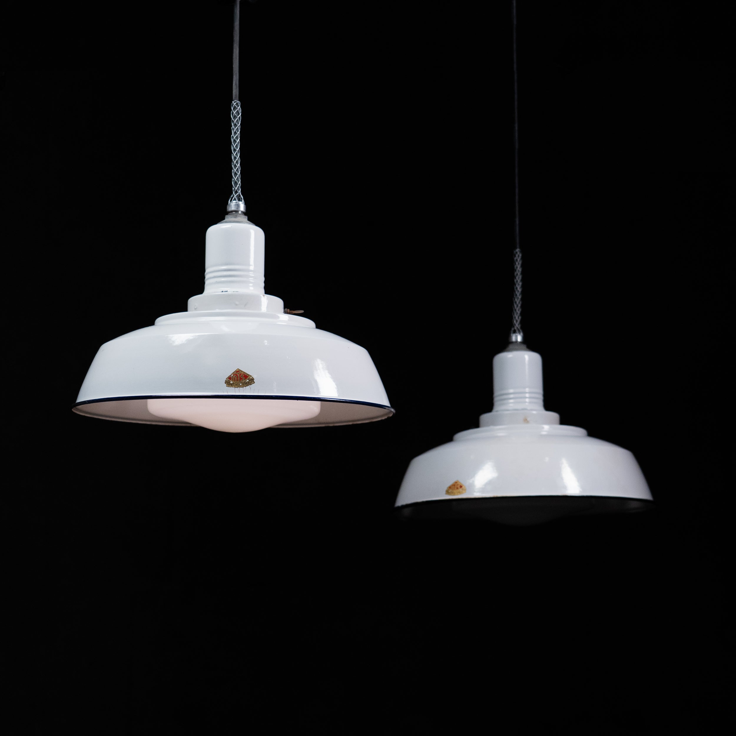 Vintage Toronto Metal Spinning Co industrial pendant light with white porcelain enamel shade and opal glass diffuser