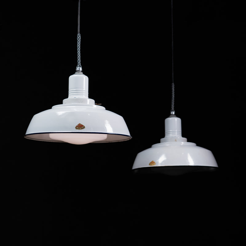 Vintage Toronto Metal Spinning Co industrial pendant light with white porcelain enamel shade and opal glass diffuser