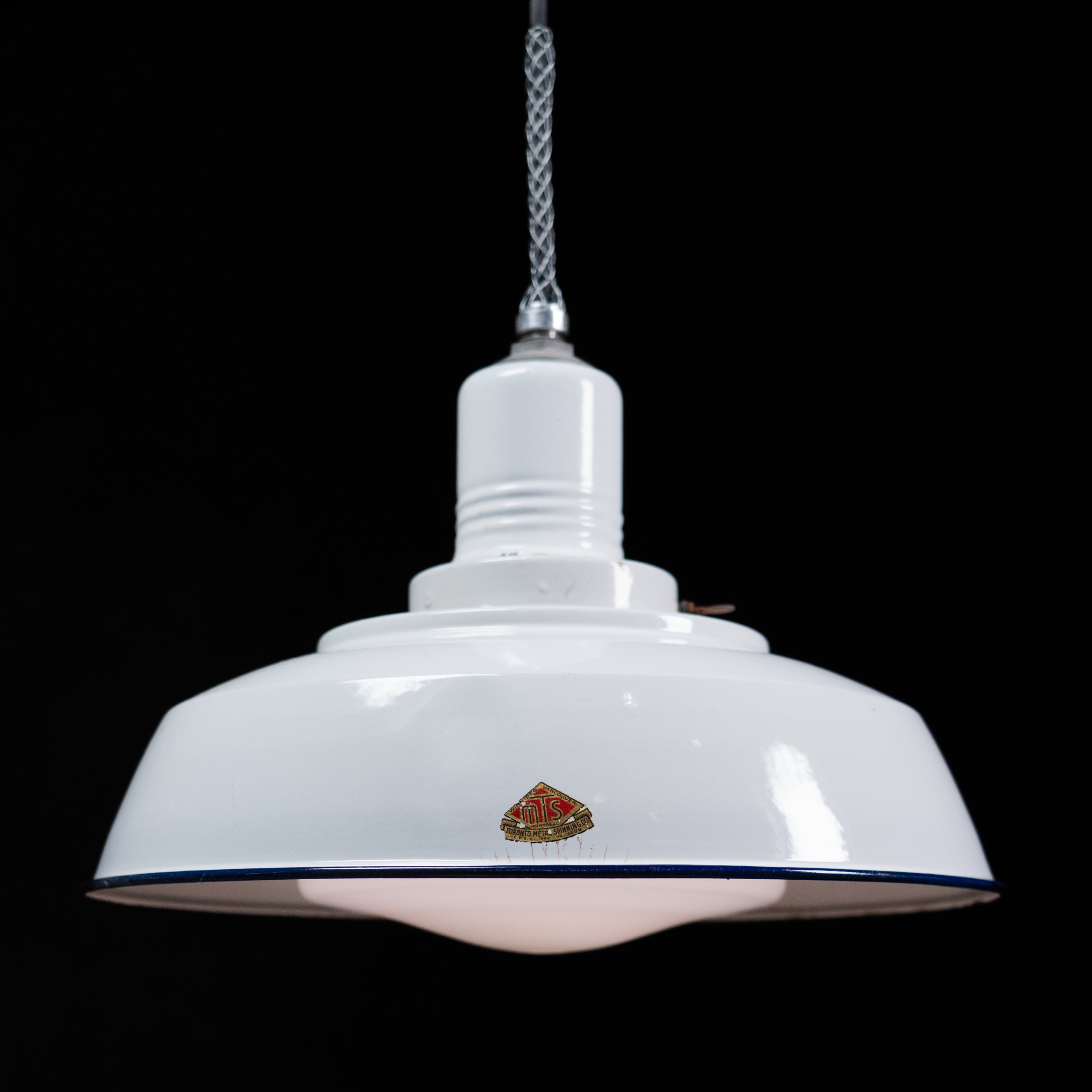 Vintage Toronto Metal Spinning Co industrial pendant light with white porcelain enamel shade and opal glass diffuser