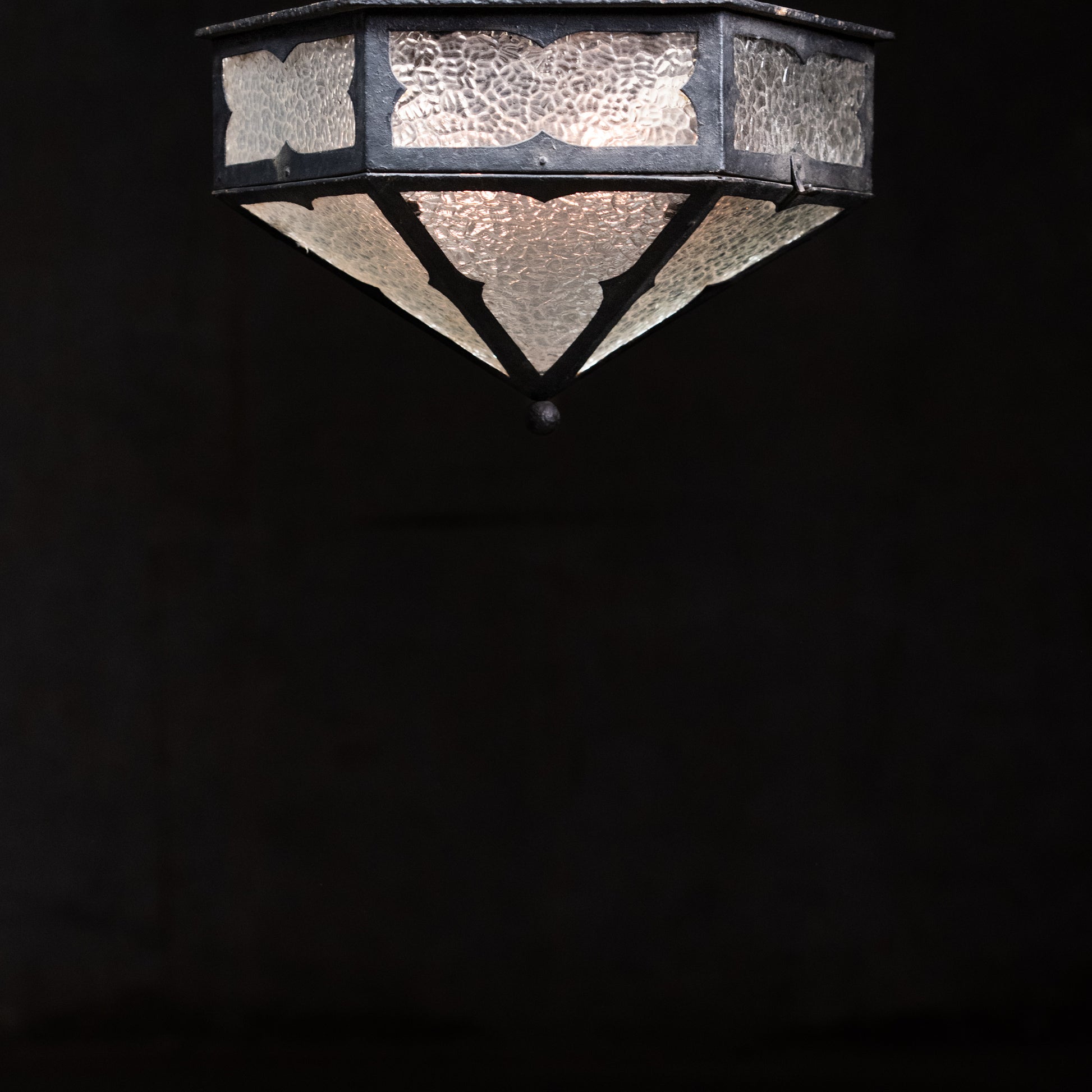  Antique cast iron flush mount ceiling light with hammered glass panels and geometric Arts and Crafts design | Scott Landon Antiques and Interiors.