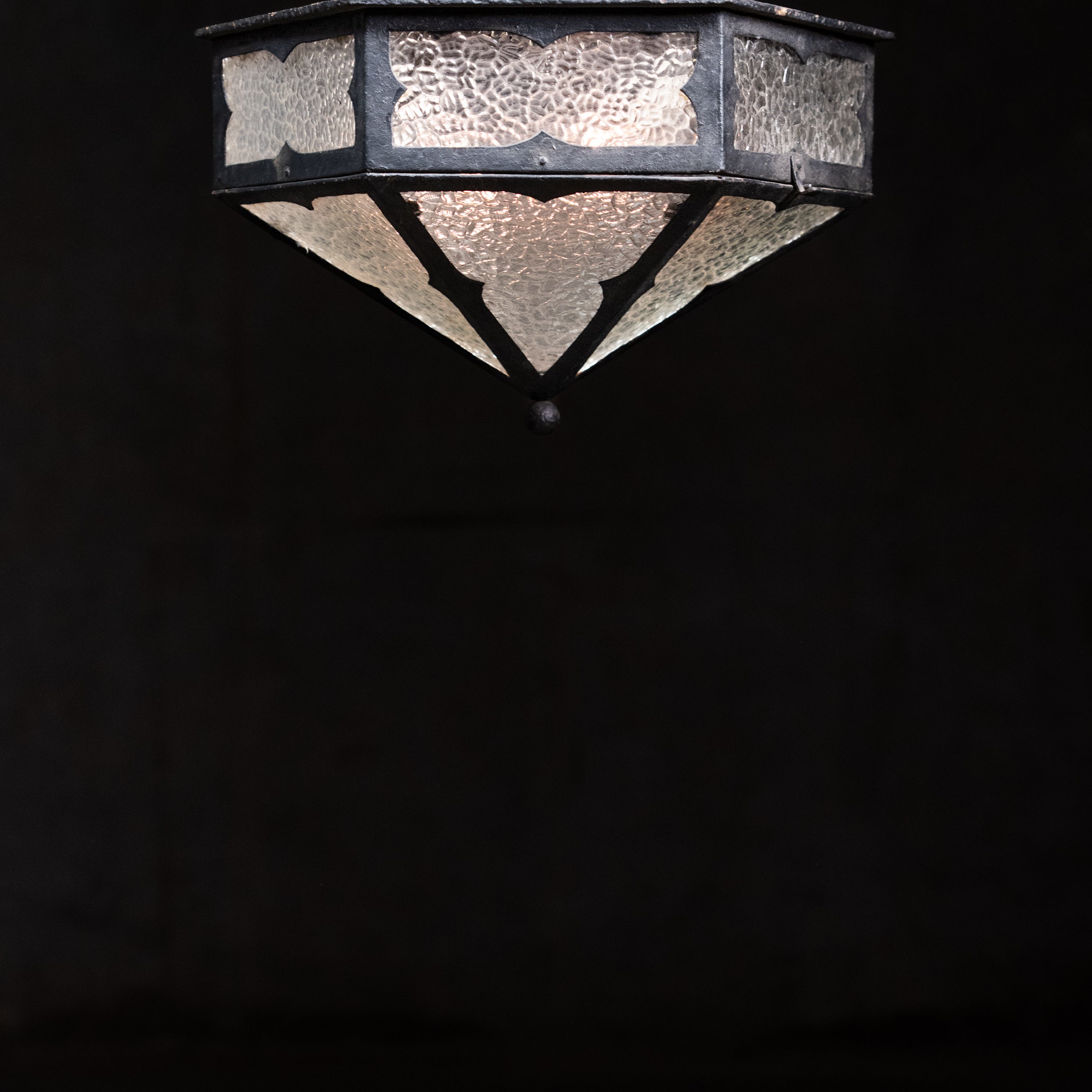  Antique cast iron flush mount ceiling light with hammered glass panels and geometric Arts and Crafts design | Scott Landon Antiques and Interiors.