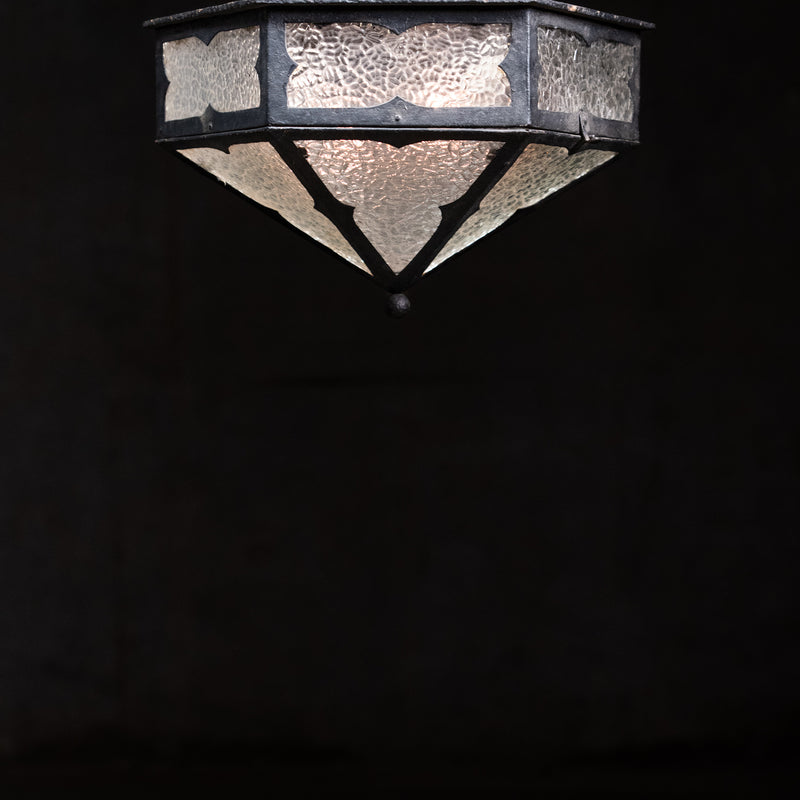  Antique cast iron flush mount ceiling light with hammered glass panels and geometric Arts and Crafts design | Scott Landon Antiques and Interiors.