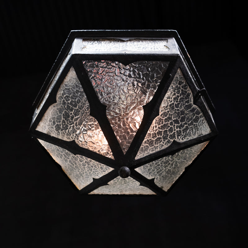 Antique cast iron flush mount ceiling light with hammered glass panels and geometric Arts and Crafts design | Scott Landon Antiques and Interiors.