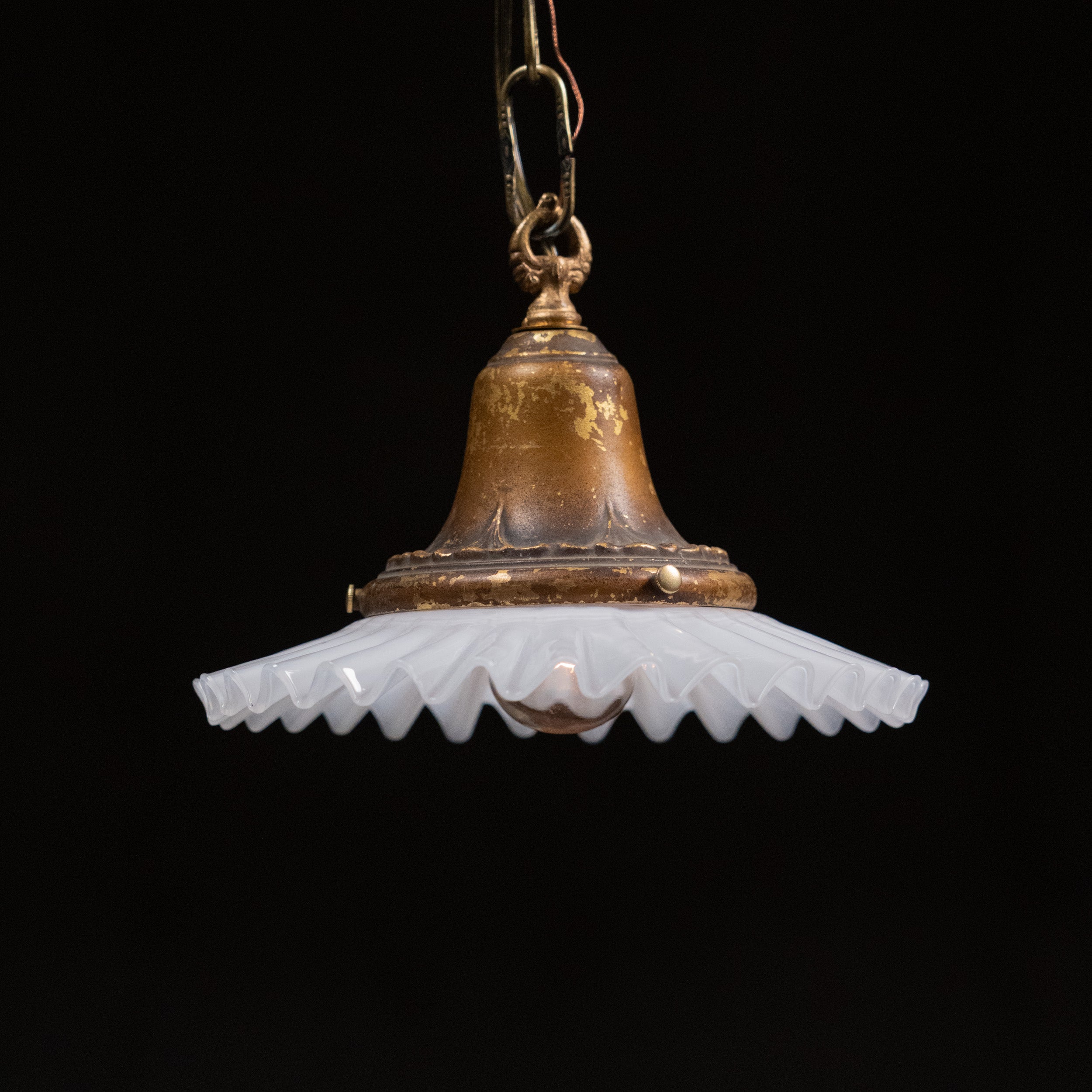 1910 Small Brass Ribbed Glass Shade Pendant