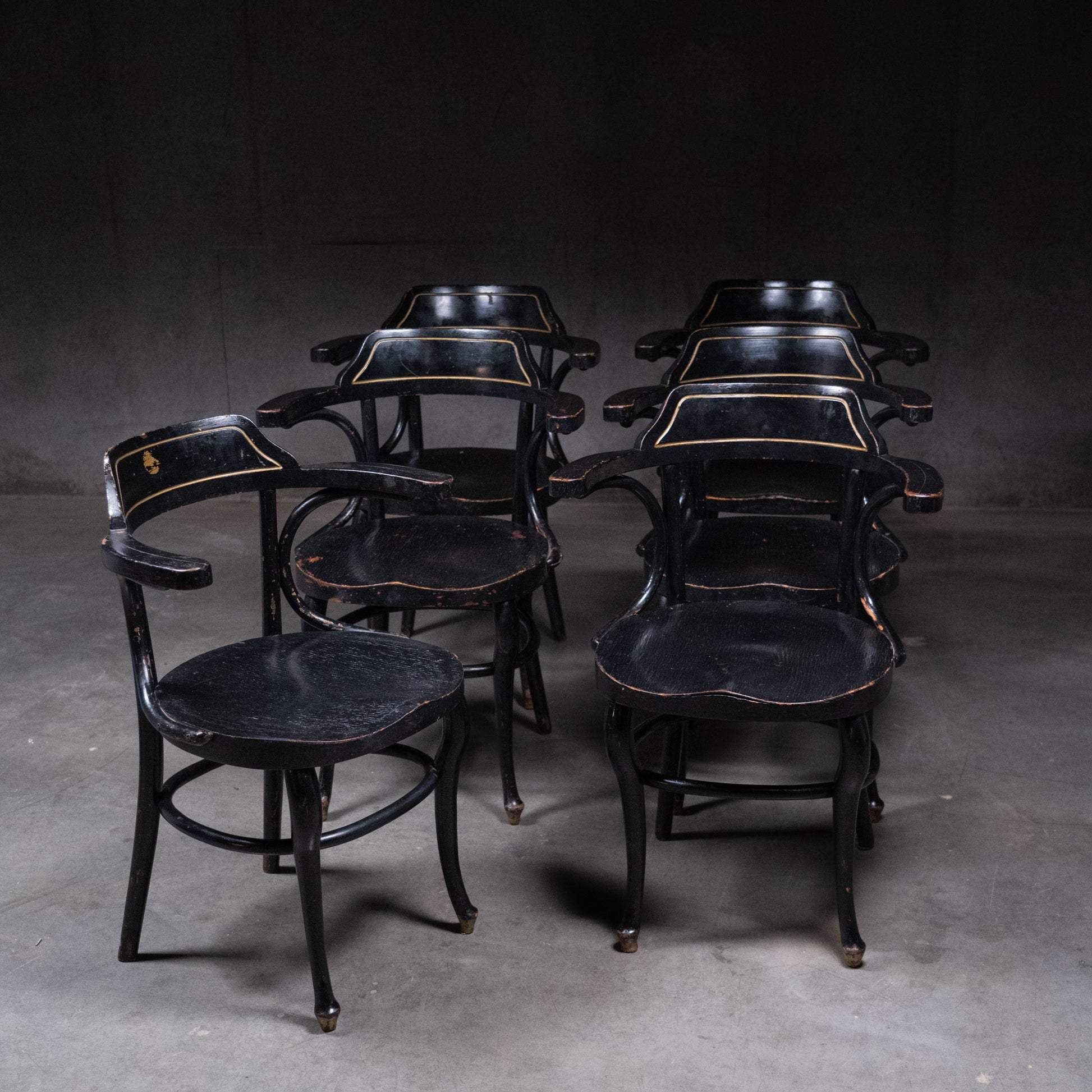 Set of six Austrian bentwood armchairs with original ebonized finish and gilt detailing, circa 1910 | Scott Landon Antiques and Interiors.