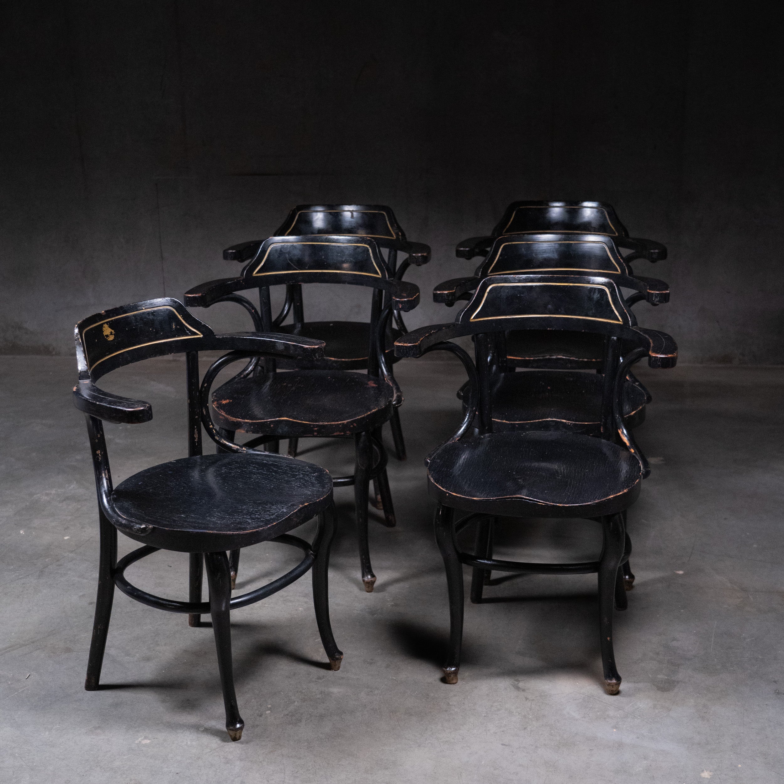 Set of six Austrian bentwood armchairs with original ebonized finish and gilt detailing, circa 1910 | Scott Landon Antiques and Interiors.