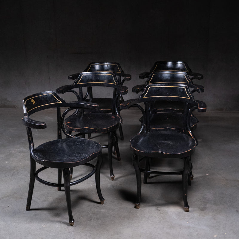 Set of six Austrian bentwood armchairs with original ebonized finish and gilt detailing, circa 1910 | Scott Landon Antiques and Interiors.