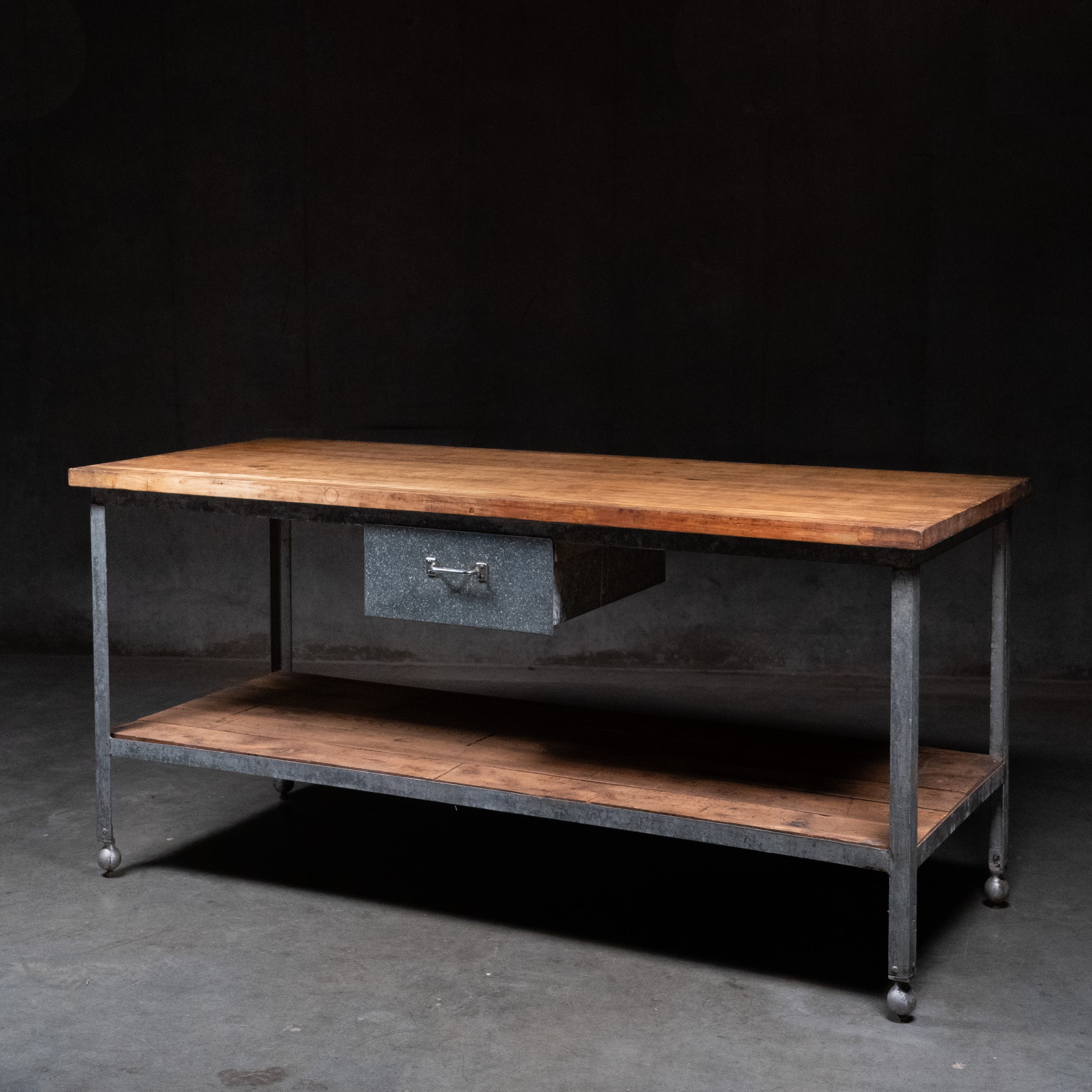 Antique industrial maple butcher block work table with galvanized steel frame, drawer and lower shelf, circa 1920 | Scott Landon Antiques and Interiors.