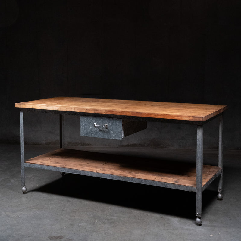Antique industrial maple butcher block work table with galvanized steel frame, drawer and lower shelf, circa 1920 | Scott Landon Antiques and Interiors.