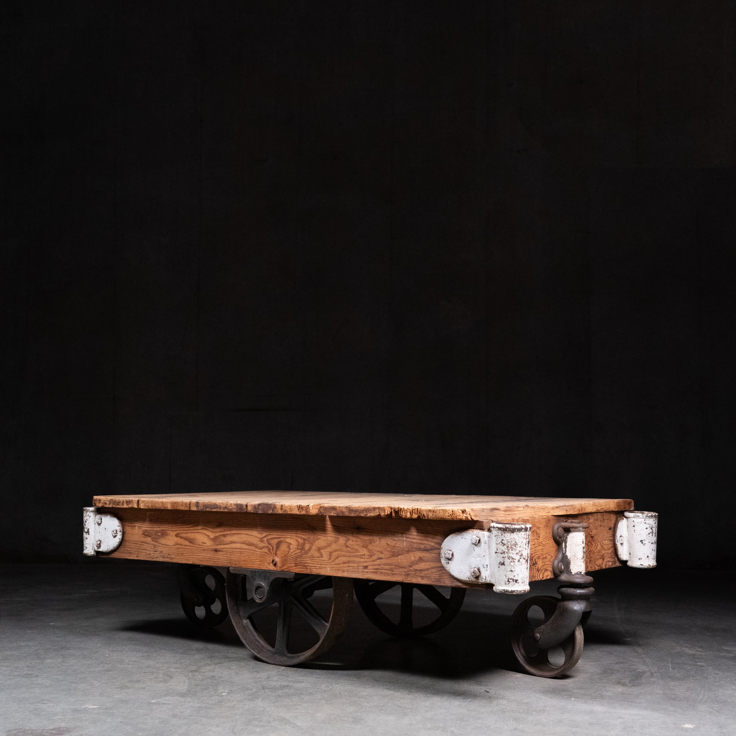 Antique Industrial Factory Cart Coffee Table with Cast Iron Wheels, c.