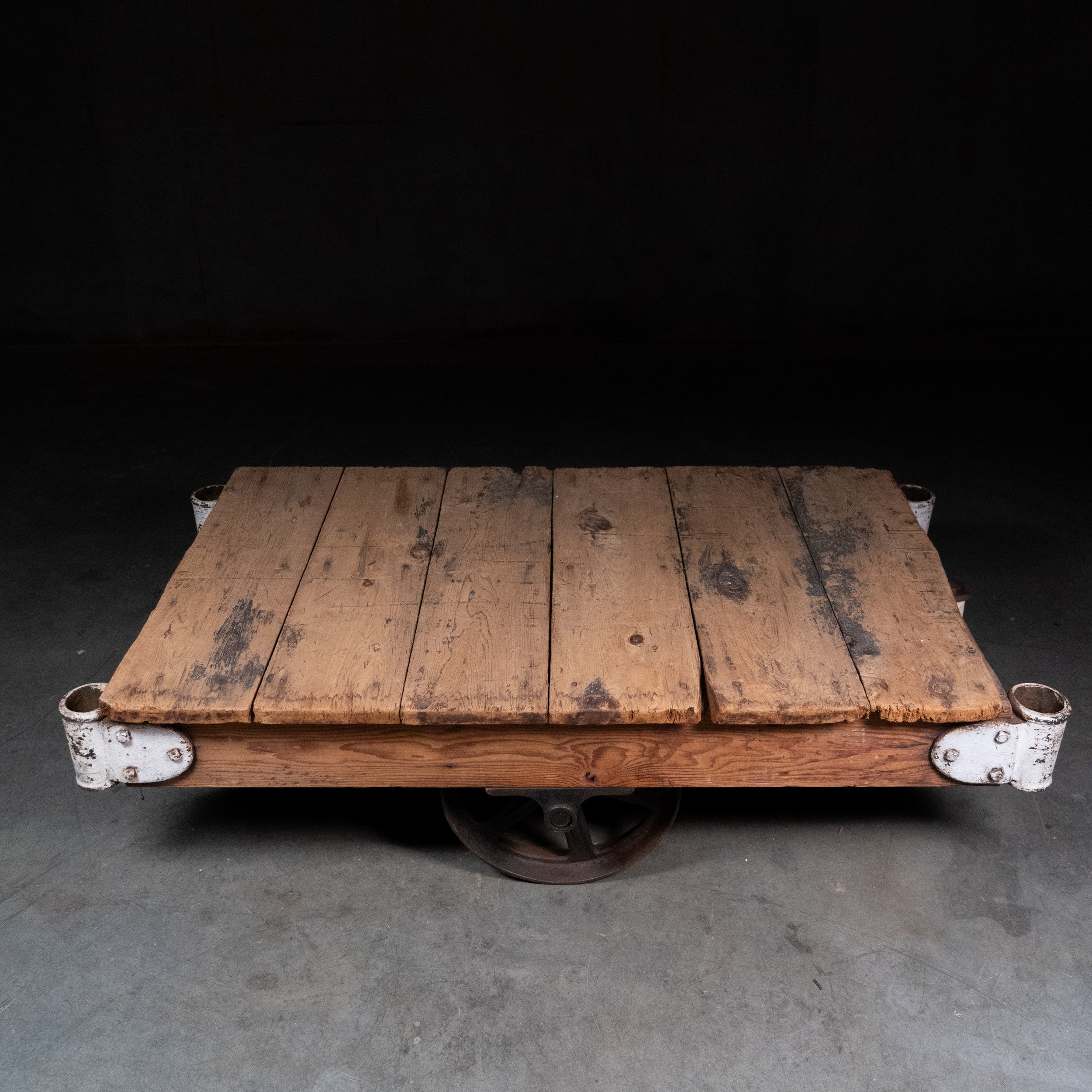 Antique Industrial Factory Cart Coffee Table with Cast Iron Wheels, c.