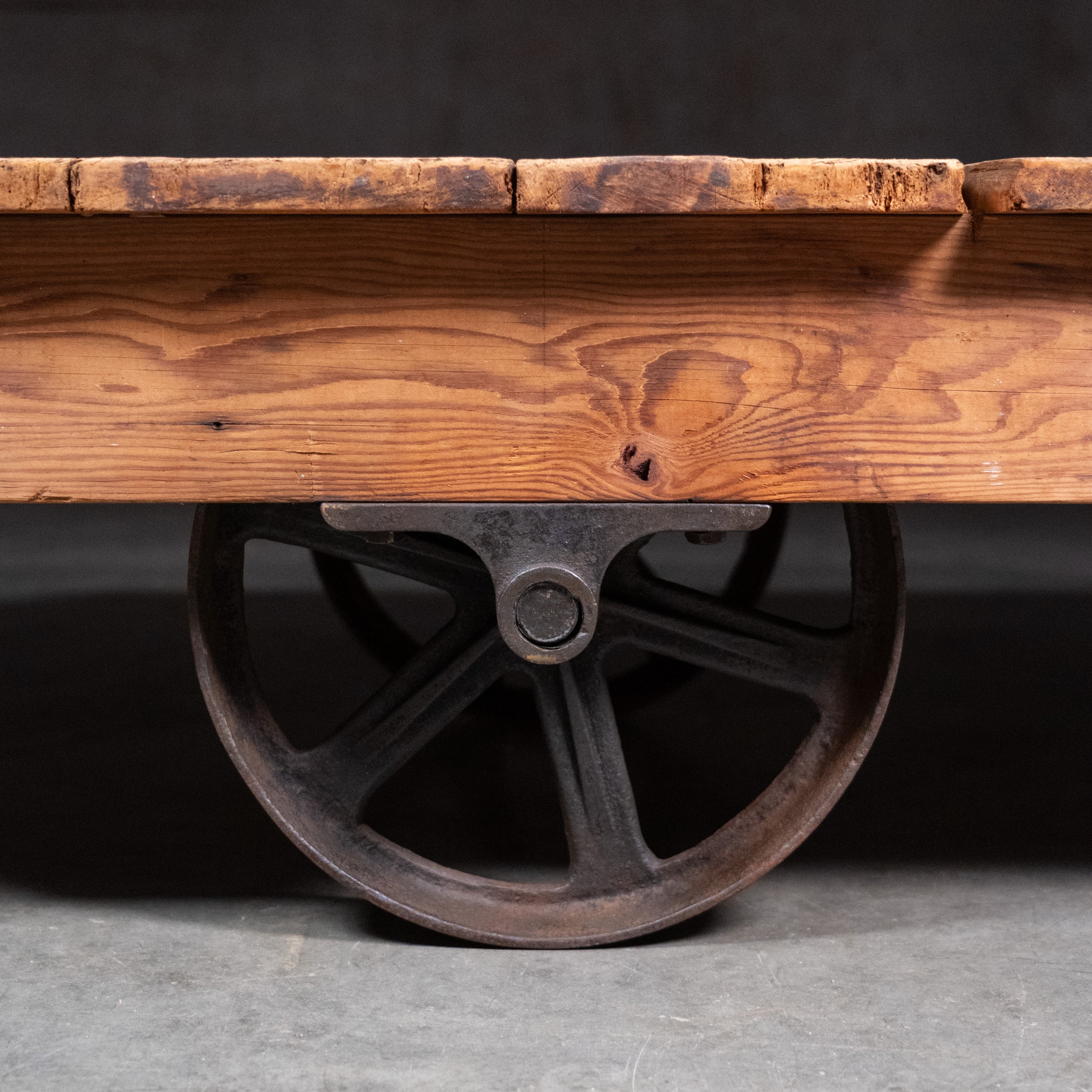 Antique Industrial Factory Cart Coffee Table with Cast Iron Wheels, c.