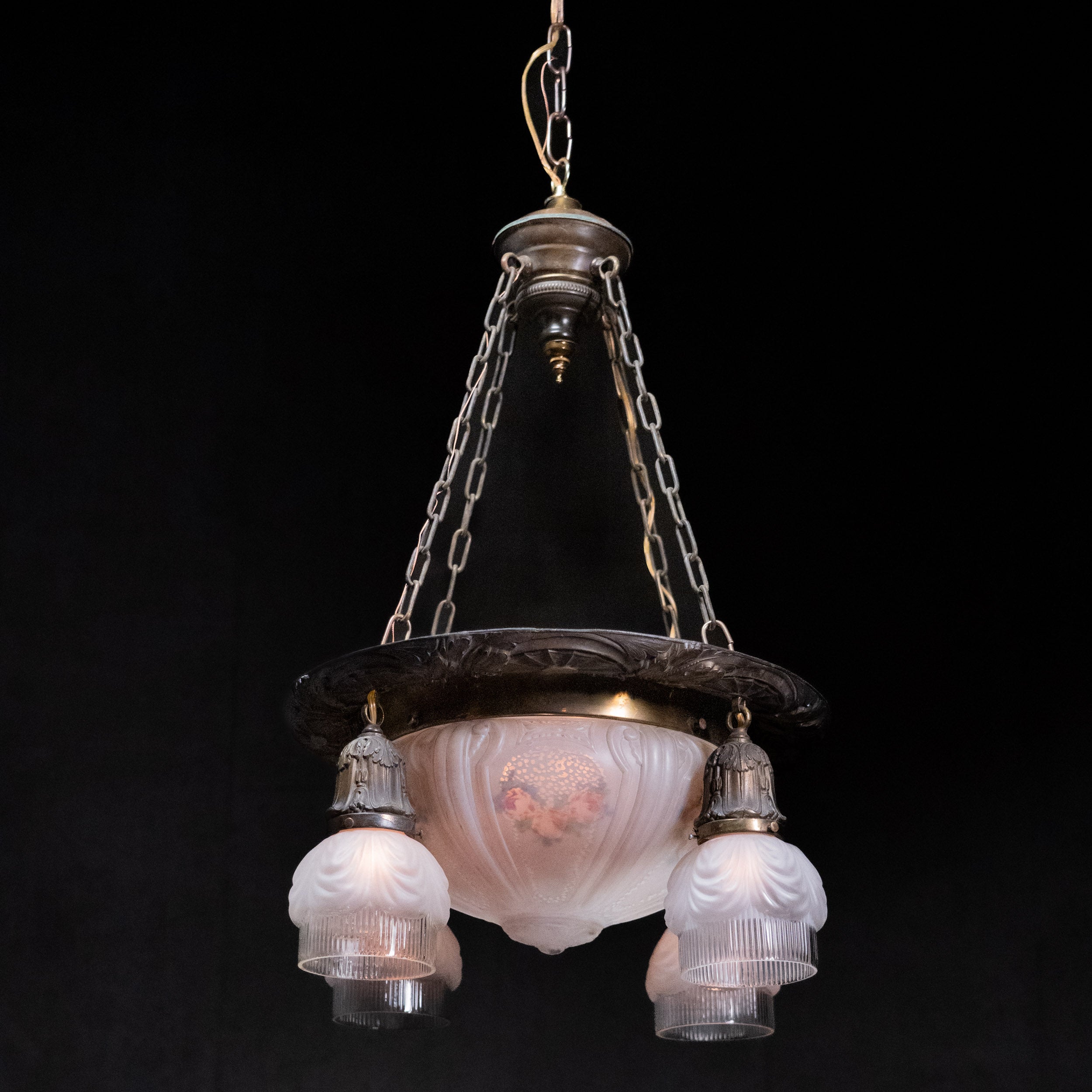 1920 Edwardian Four Arm Brass Pendant Light