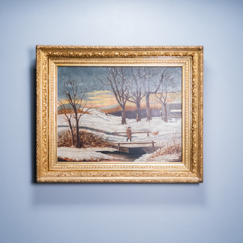 American winter landscape oil painting with figure carrying firewood through snow | Scott Landon Antiques and Interiors.