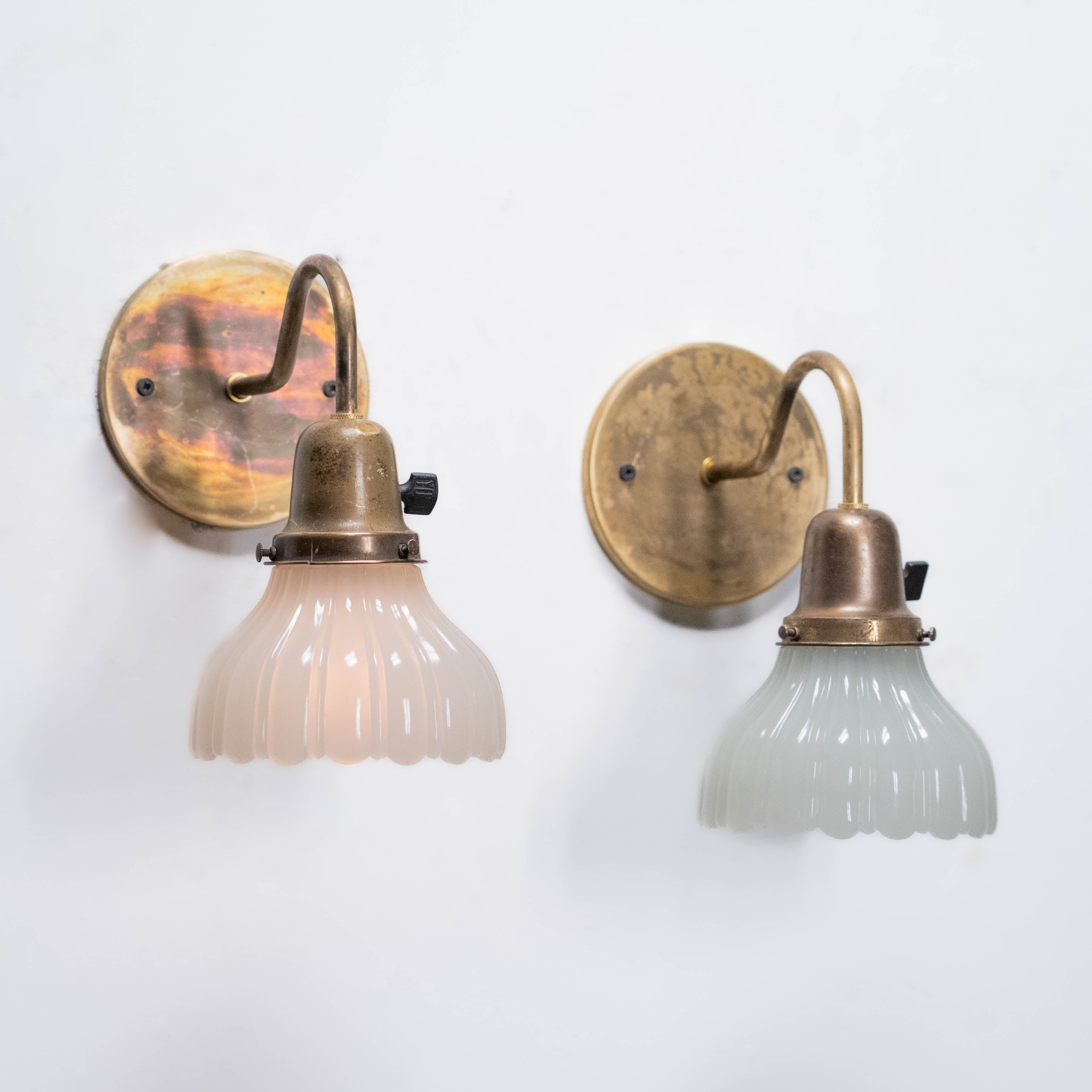 1920 Pair of Small Brass and Ribbed Milk Glass Sconces