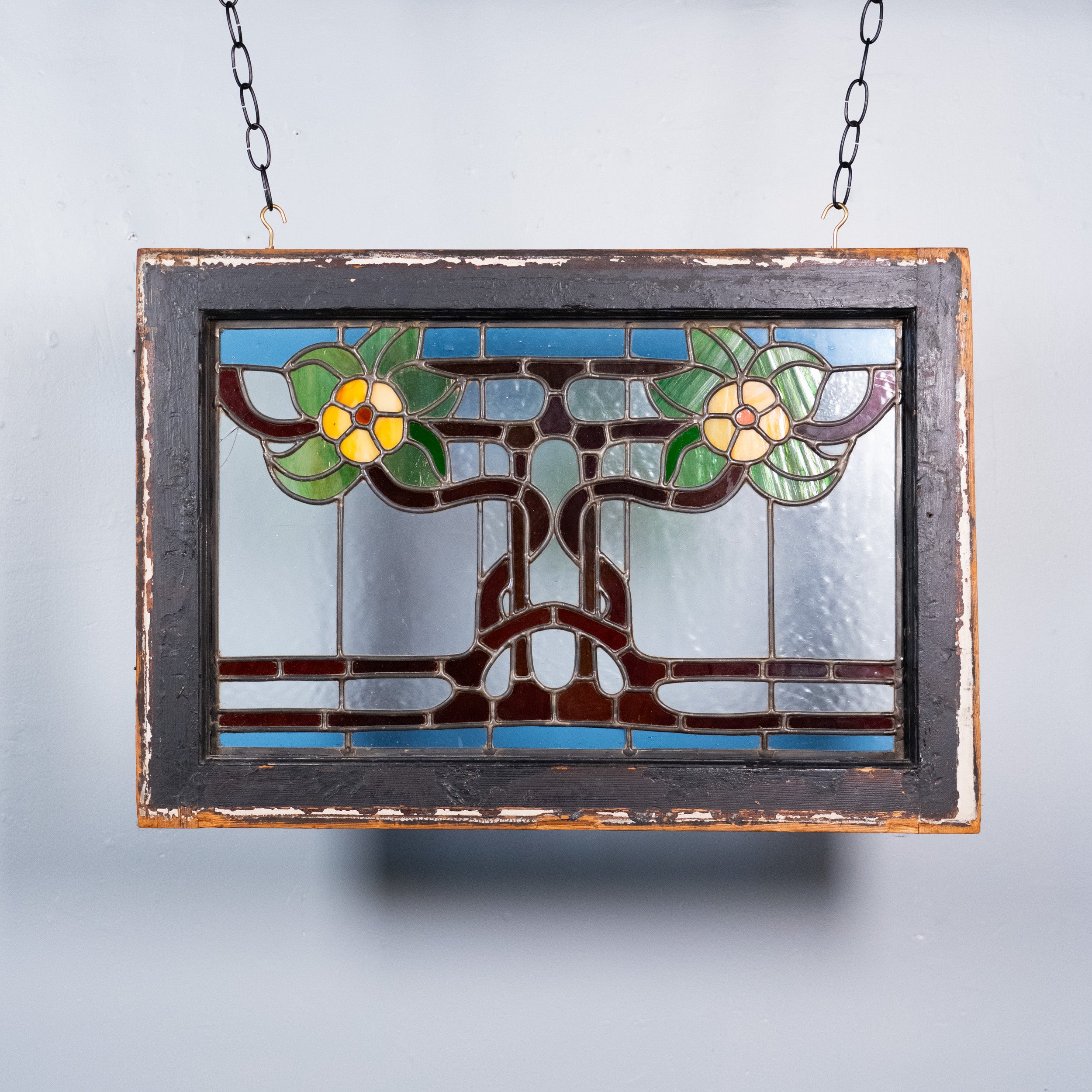 Antique Arts & Crafts stained glass floral window in original painted wood frame circa 1910 | Scott Landon Antiques and Interiors.
