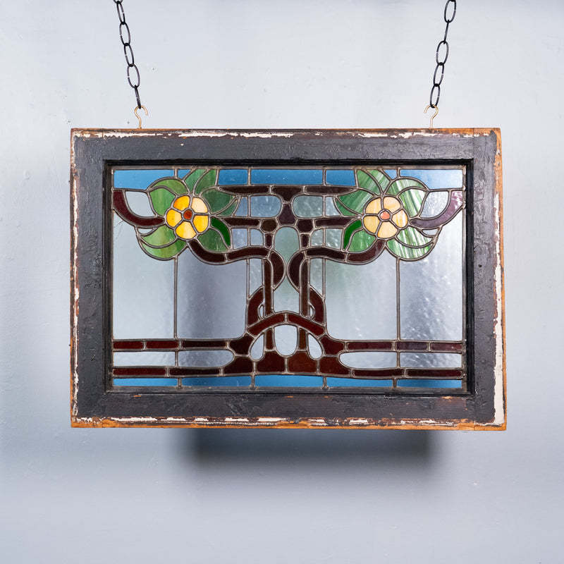 Antique Arts & Crafts stained glass floral window in original painted wood frame circa 1910 | Scott Landon Antiques and Interiors.