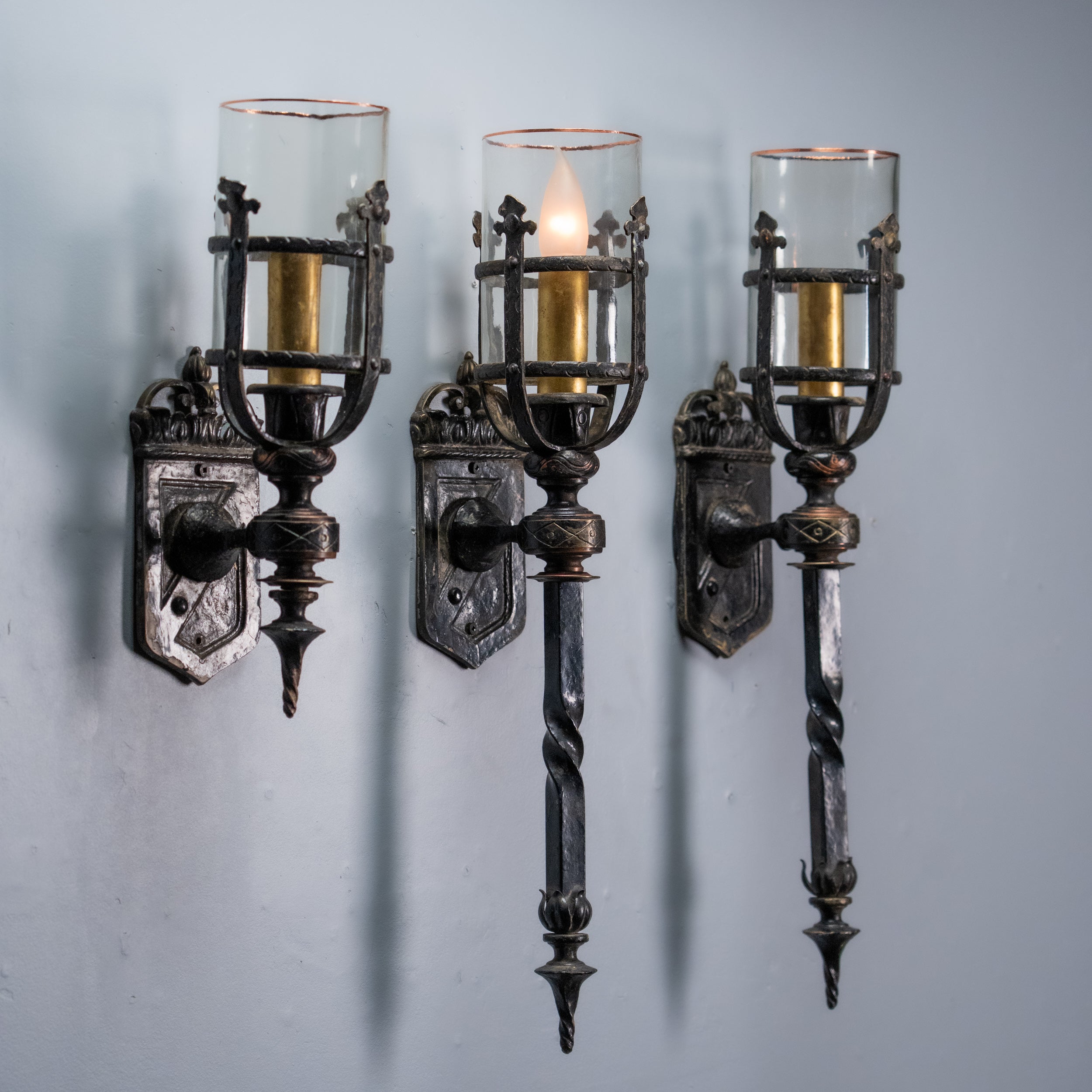 Spanish Revival Wrought Iron Wall Sconces with Seeded Glass Shades c.1930