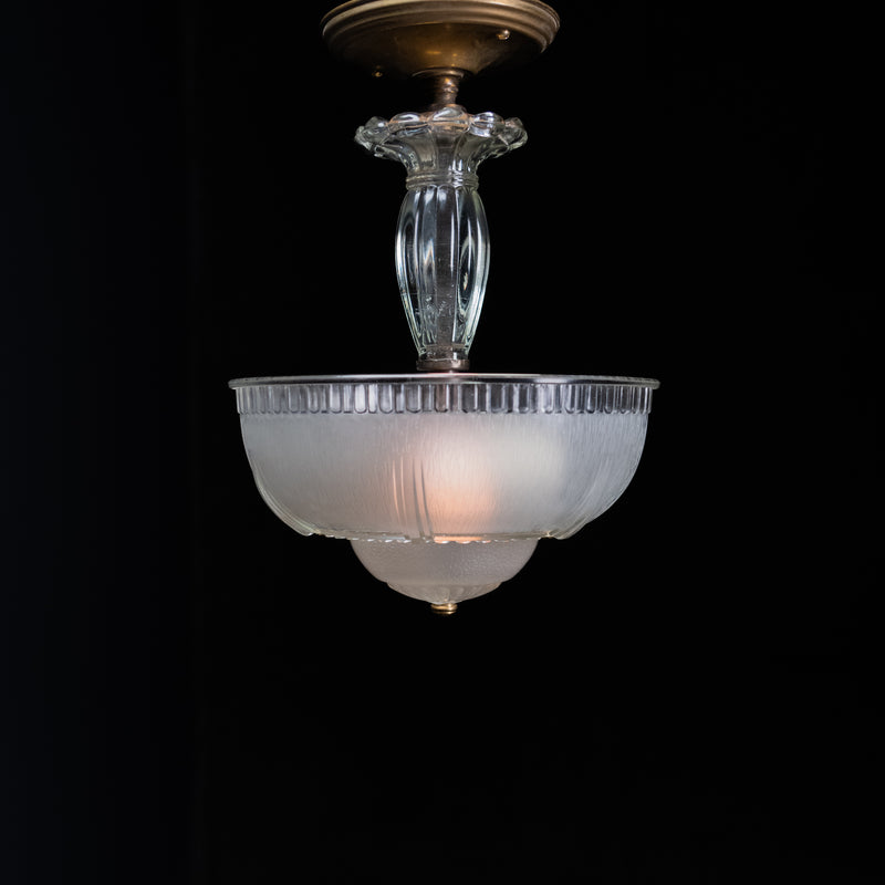 Original 1930s Art Deco semi flush ceiling light with 11-inch frosted glass shade, clear pressed-glass stem, and antique brass canop