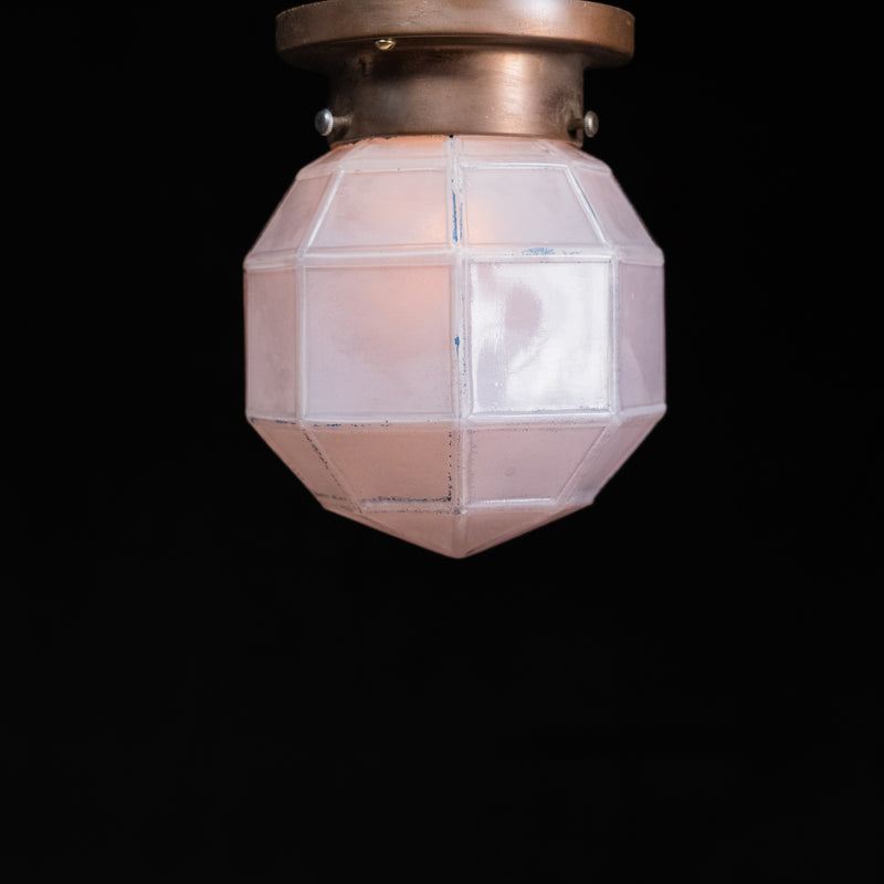 Vintage Art Deco faceted opaline glass flush mount ceiling light with handcrafted solid brass canopy and restored vintage glass shade.