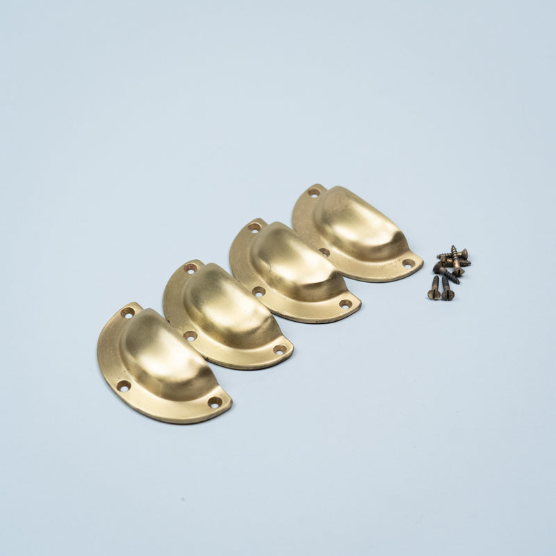 New Old Stock Corbin solid brass cup drawer pull with original mounting screws, vintage cabinet and furniture hardware.