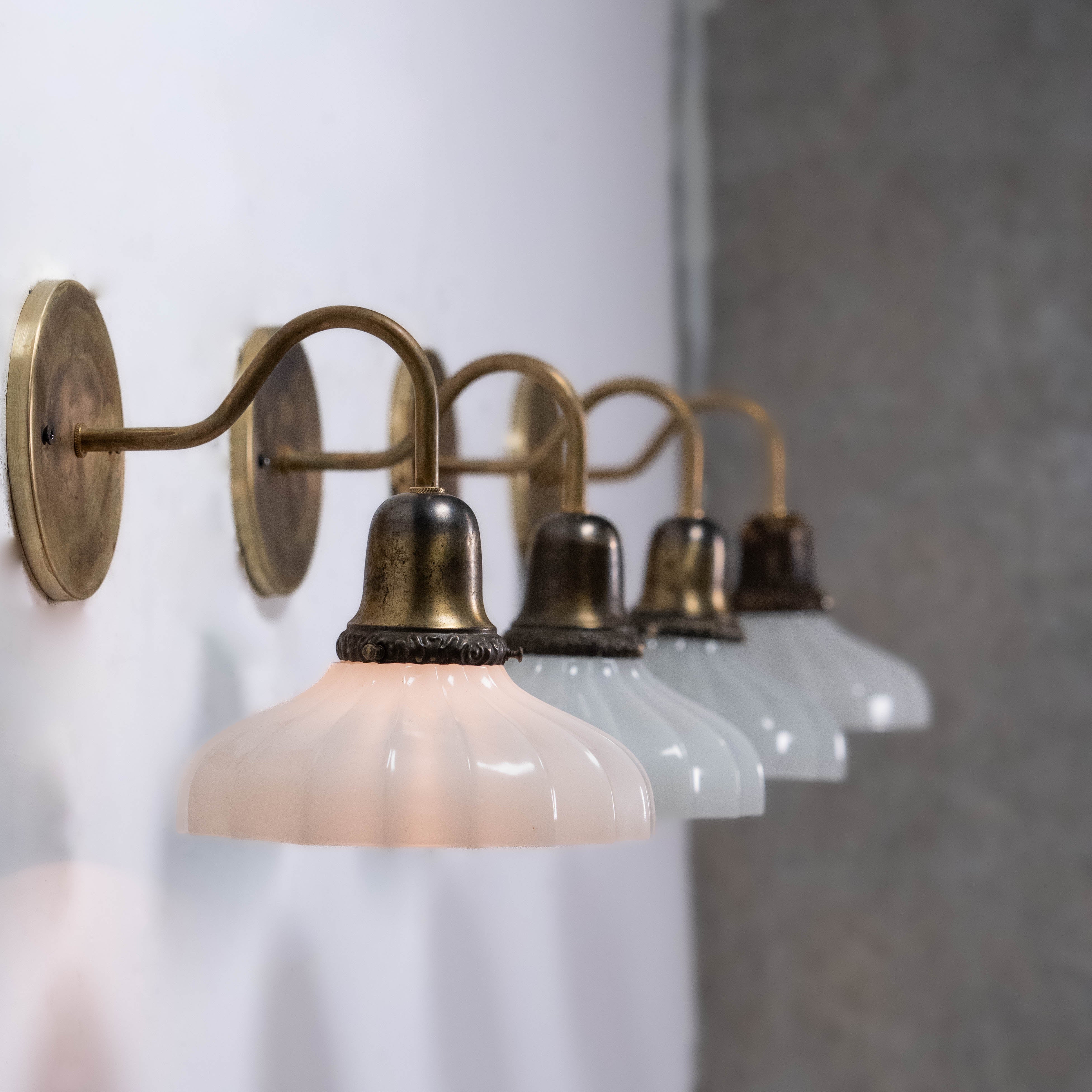1930 Set of Four Brass Opal Milk Glass Sconces