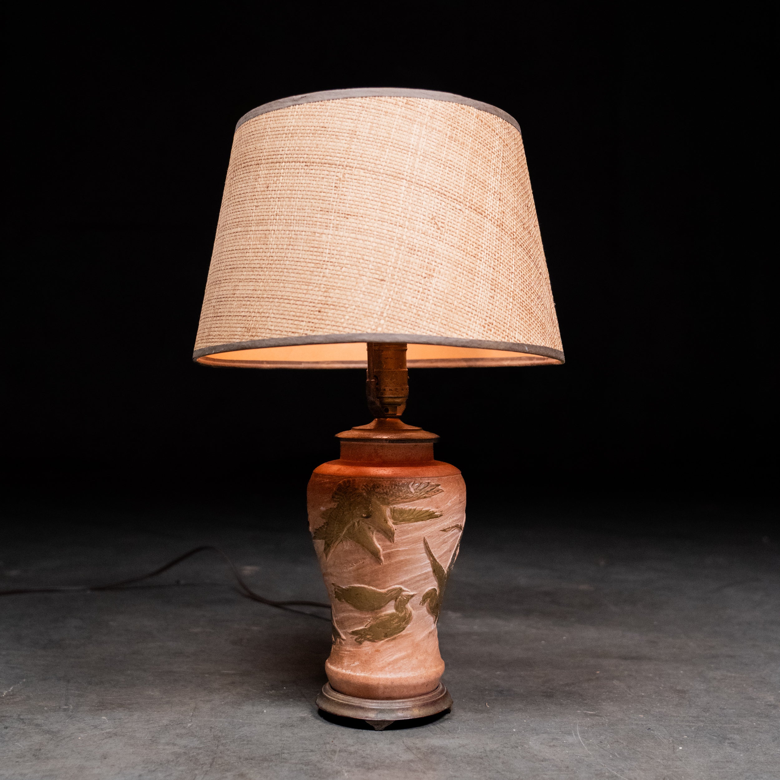 Mid-century studio pottery ceramic table lamp with hand-painted gold birds and aged brass fittings | Scott Landon Antiques and Interiors.