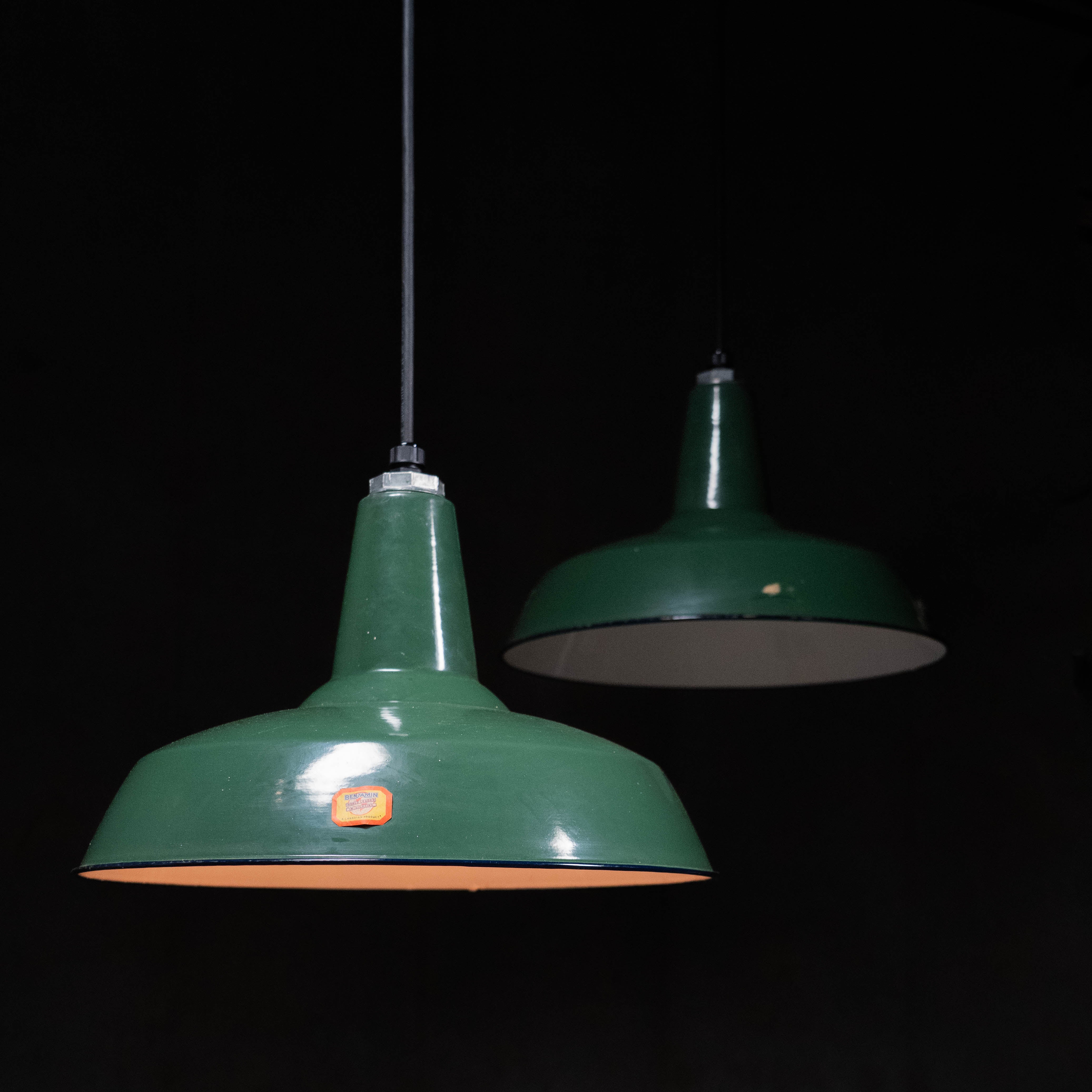 1920 Industrial Enamel Pendant Lighting by Benjamin