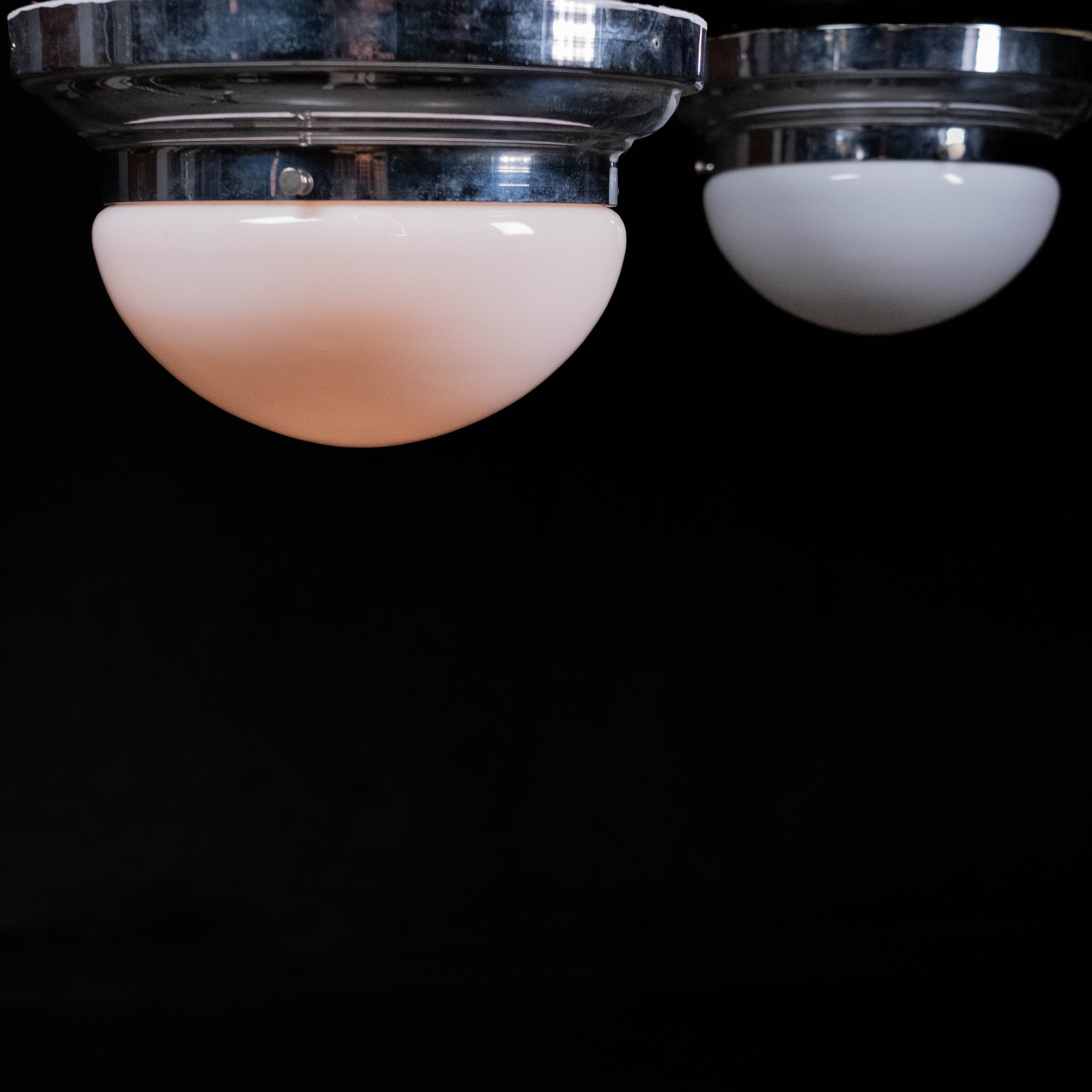Set of 1930s Industrial Deco “Oyster” Ceiling Lights – Opaline Glass & Chrome