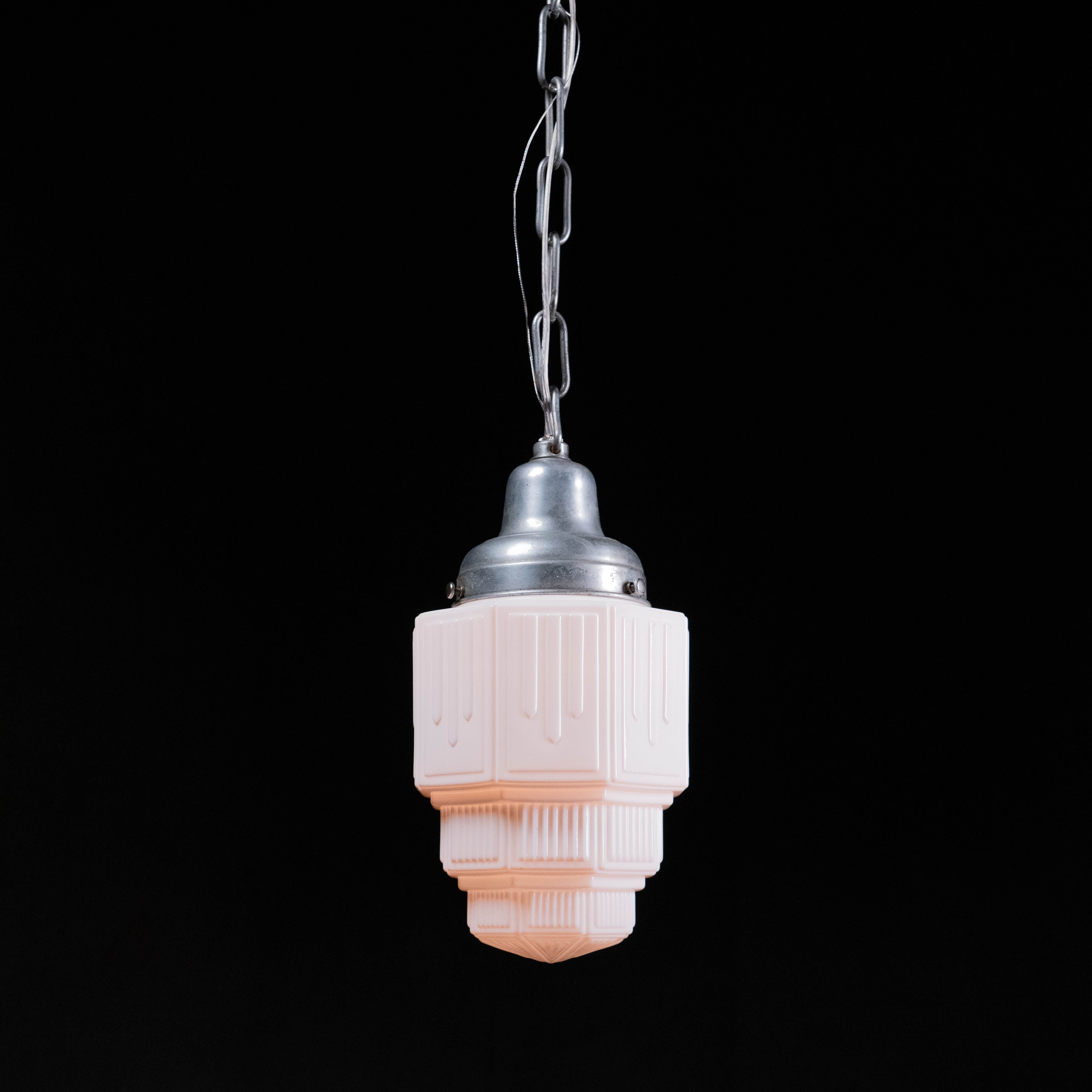 Art Deco Skyscraper Pendant Light – 1930s Milk Glass