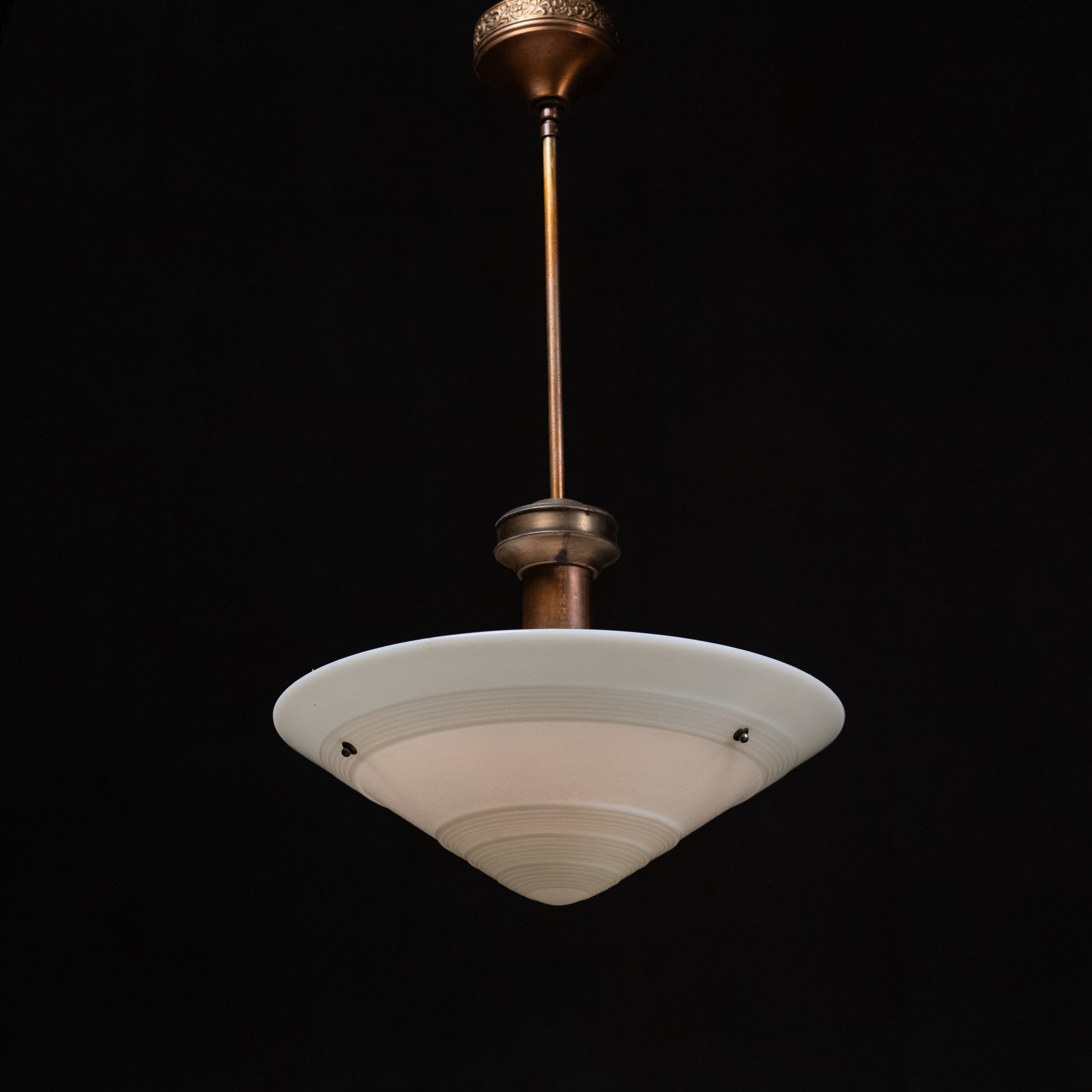  Large 19-inch antique Art Deco opal glass bowl pendant with original copper stem and brass hardware. Scott Landon Antiques and Interiors.