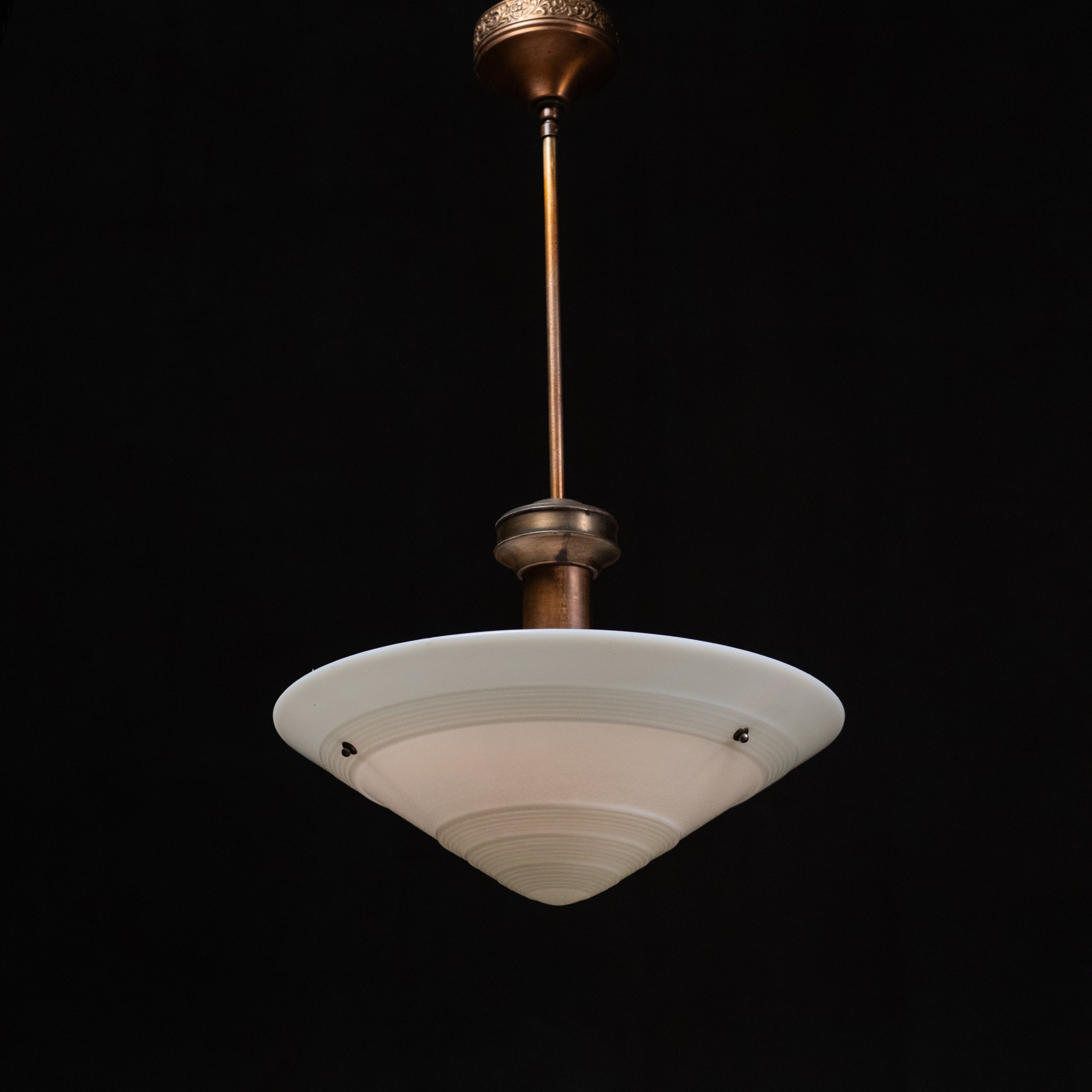  Large 19-inch antique Art Deco opal glass bowl pendant with original copper stem and brass hardware. Scott Landon Antiques and Interiors.