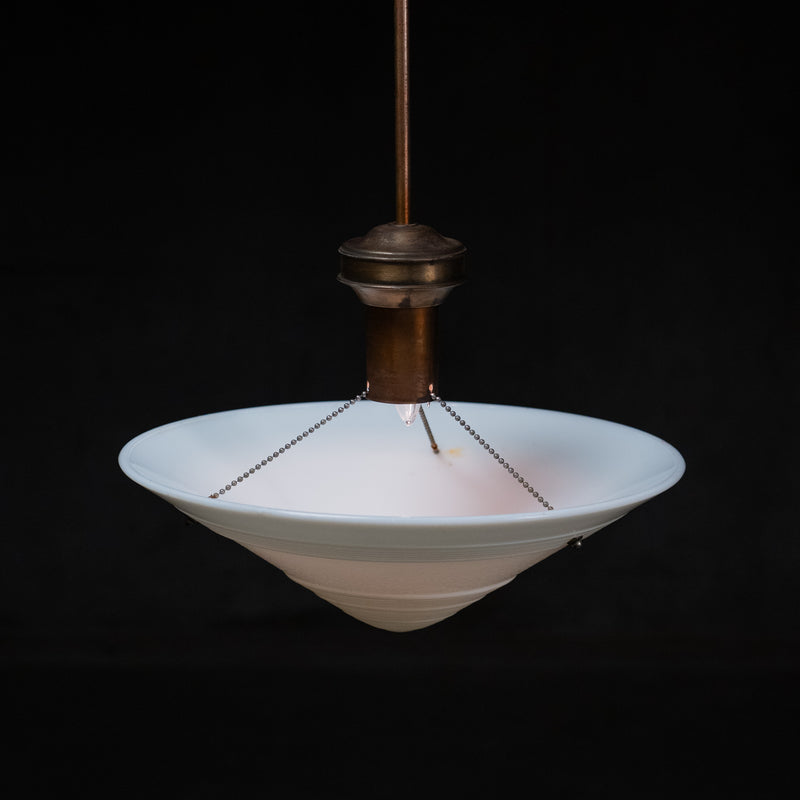  Large 19-inch antique Art Deco opal glass bowl pendant with original copper stem and brass hardware. Scott Landon Antiques and Interiors.