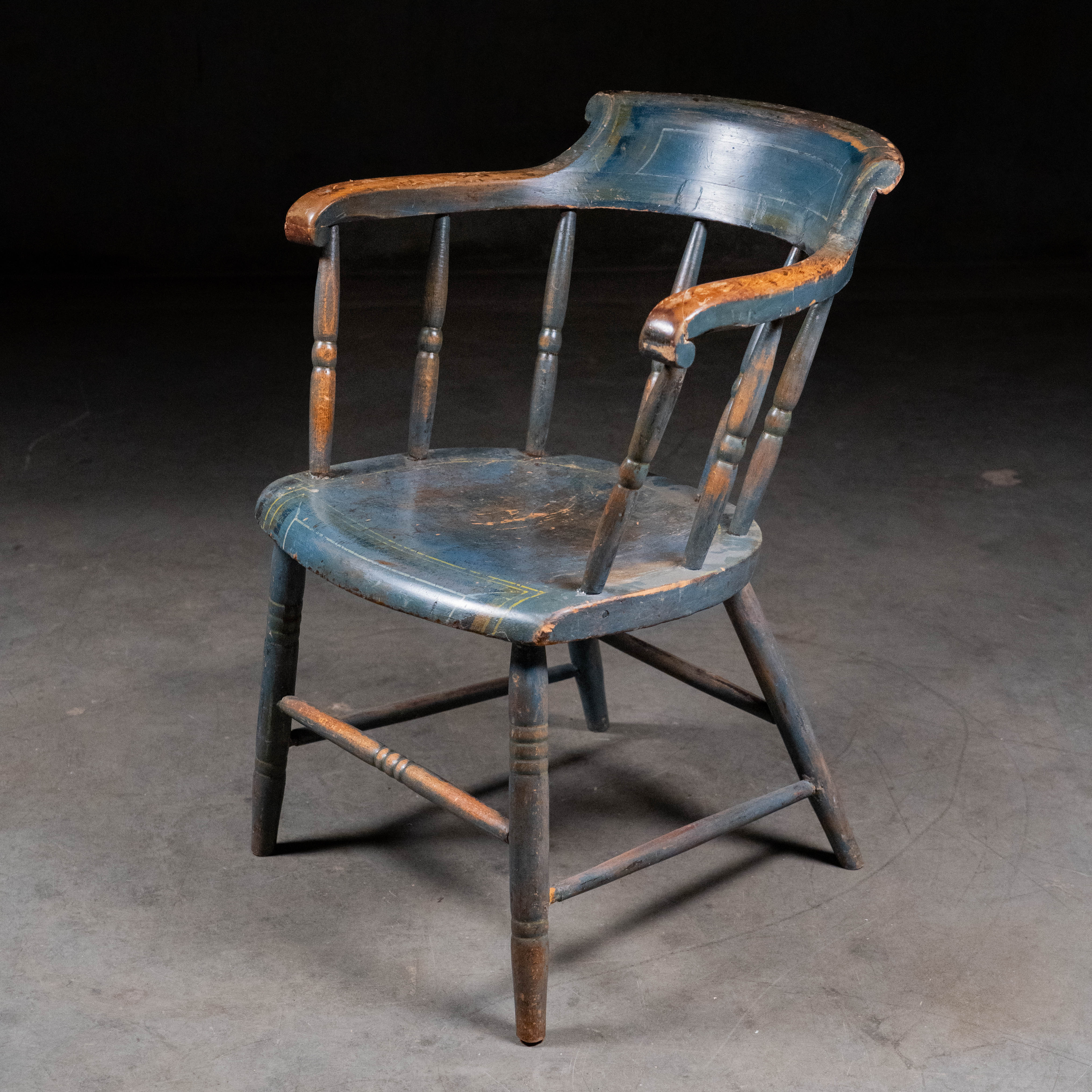 Canadian Painted Windsor Armchair with Original Blue & Mustard Surface, Circa 1800