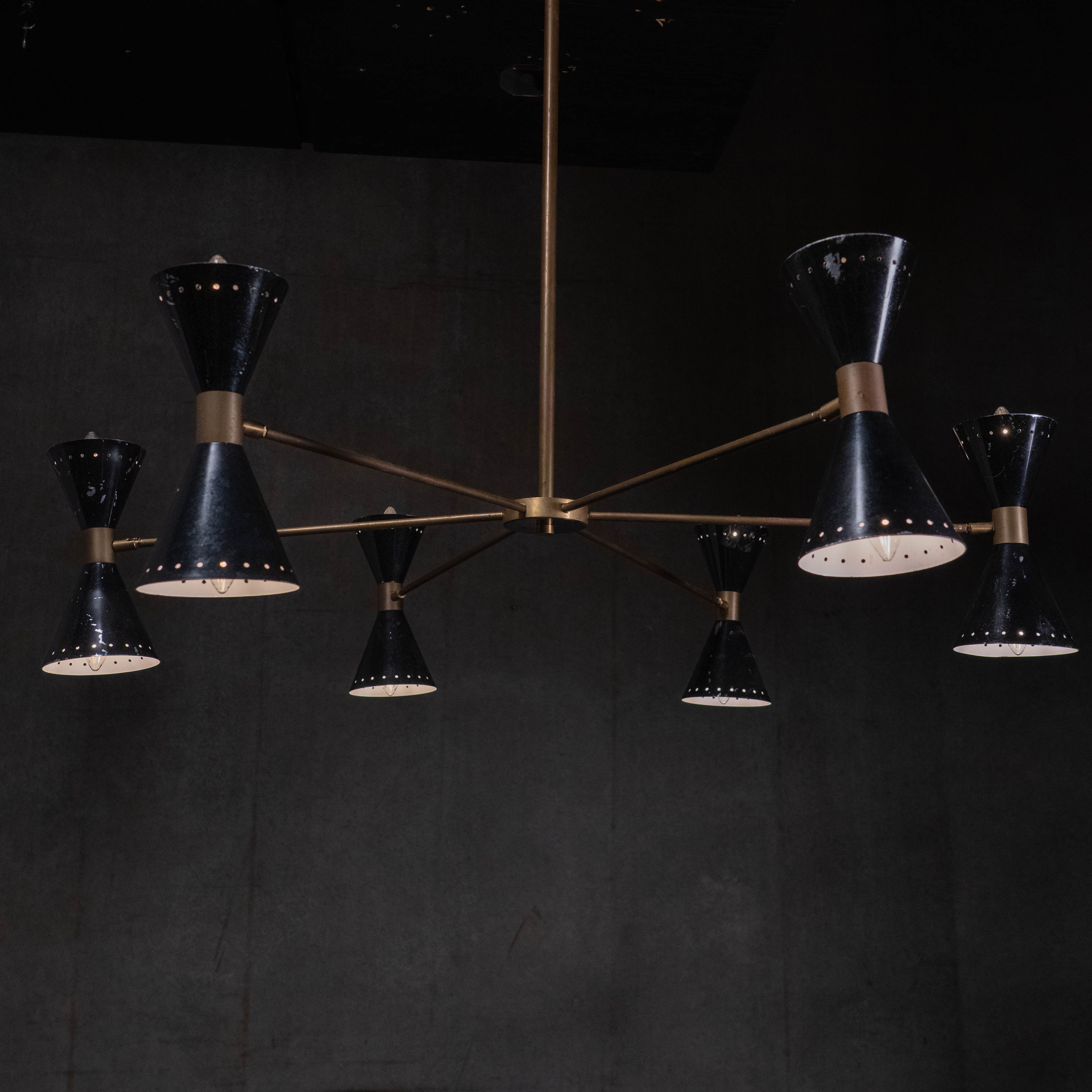 Italian Mid-Century Modern Six-Arm Brass Chandelier in the Stilnovo School, c. 1960-70
