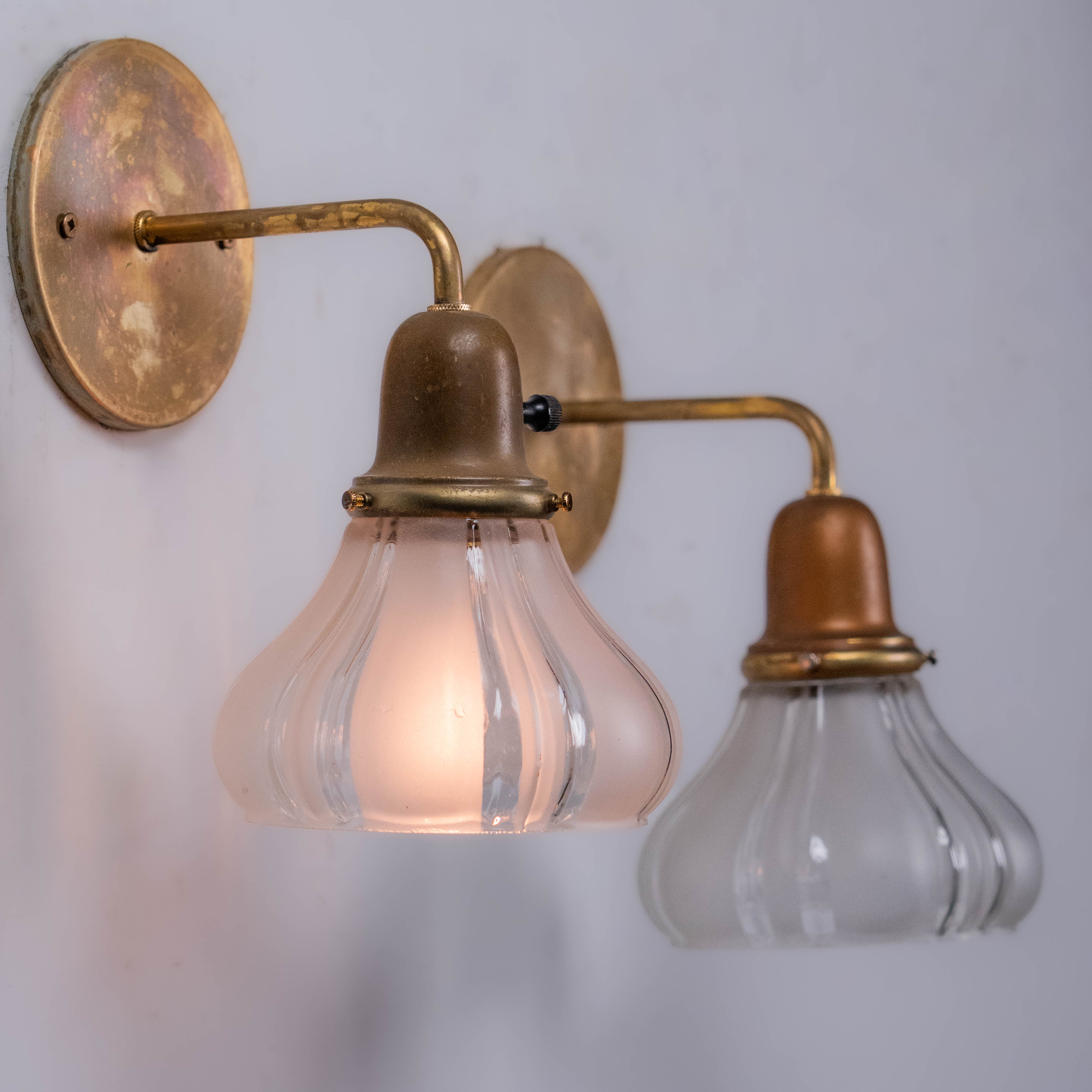 1910 Antique French-Style Brass Wall Sconce lights with Ribbed Glass Shades