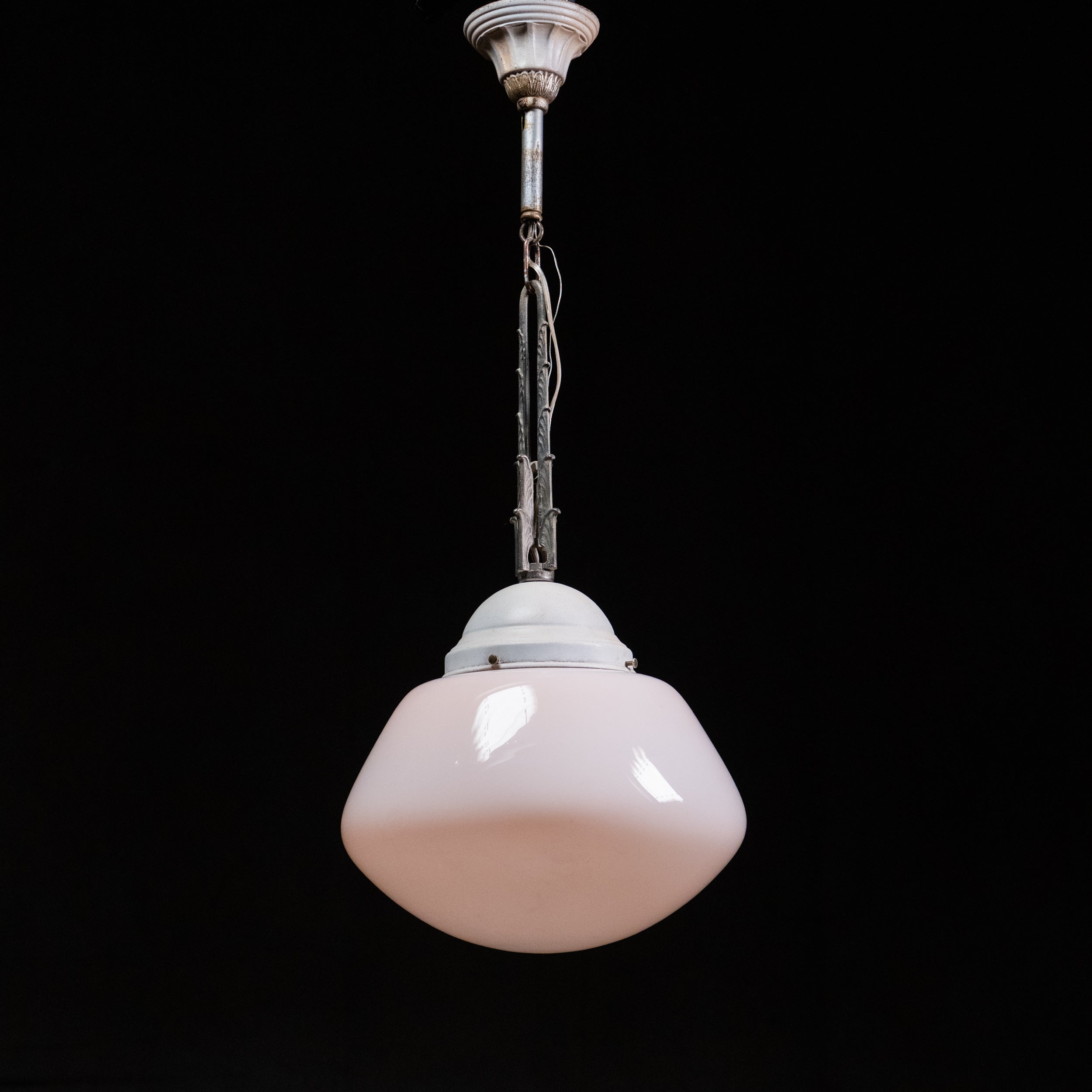 Cast Iron Art Deco Pendant with Milk Glass Shade