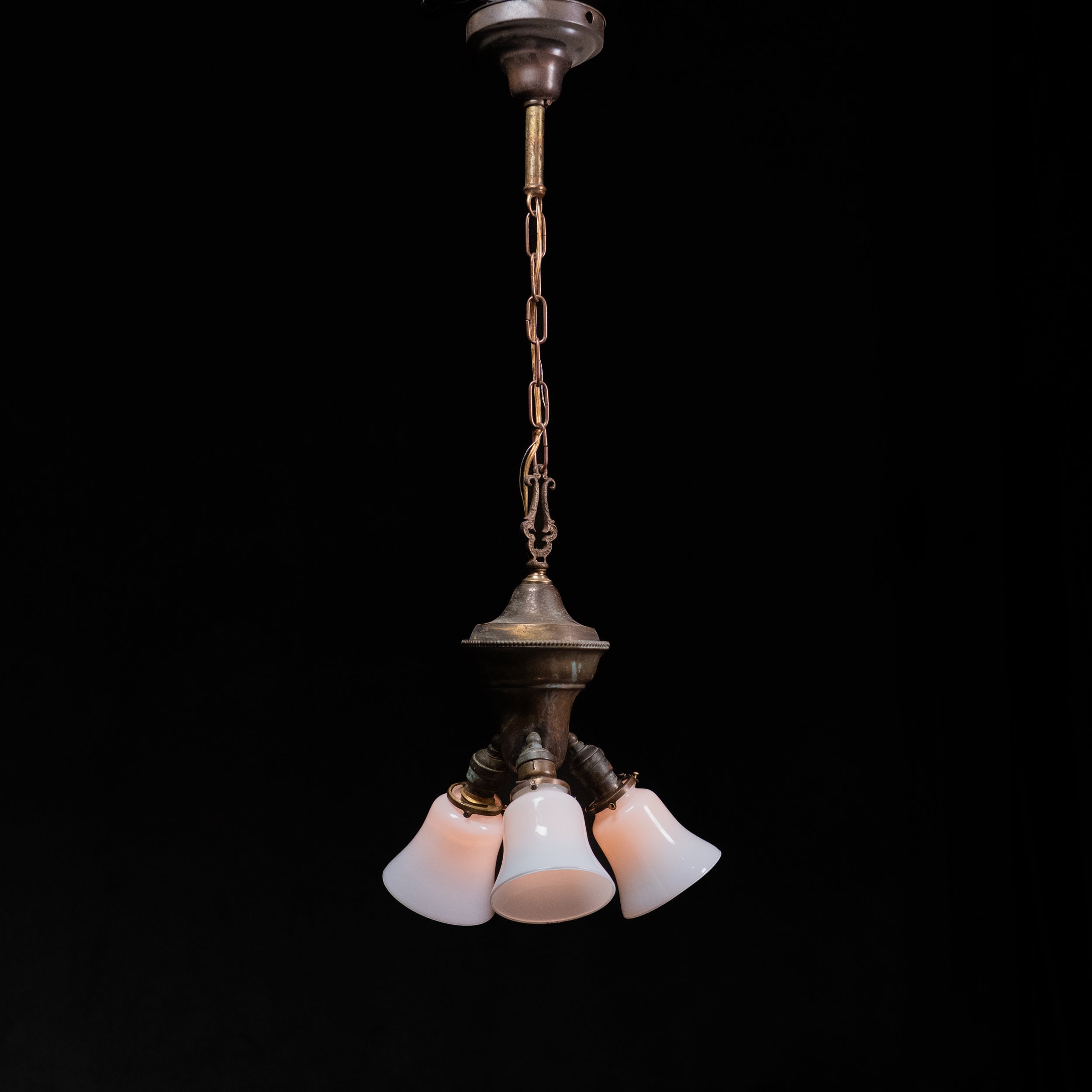 Early American Electric Three-Light cluster Chandelier pendant with Opaline Glass Shades, c. 1920
