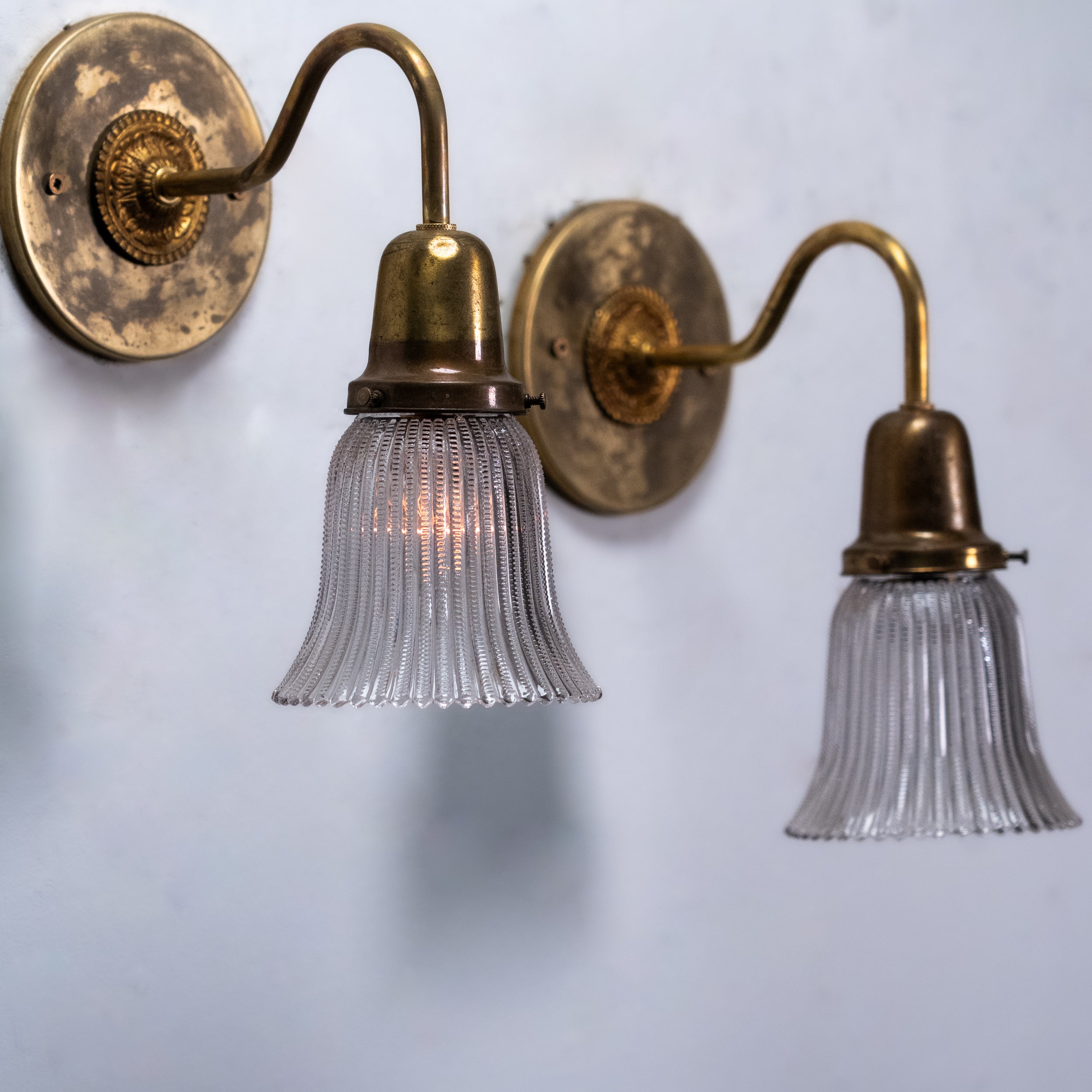 1920 Antique Brass Gooseneck Wall Sconces with Ribbed Glass Shades